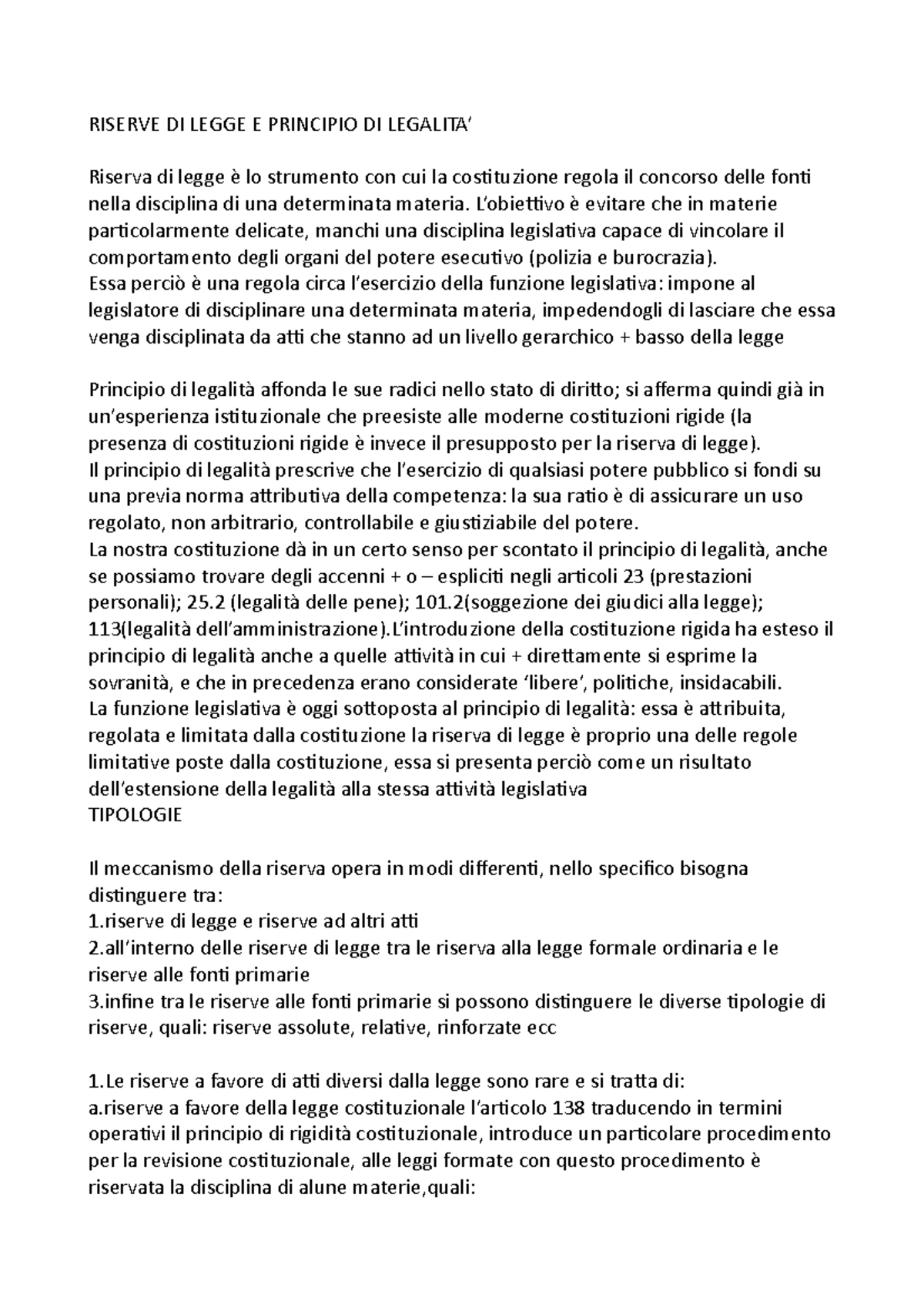 Riserva di legge RISERVE DI LEGGE