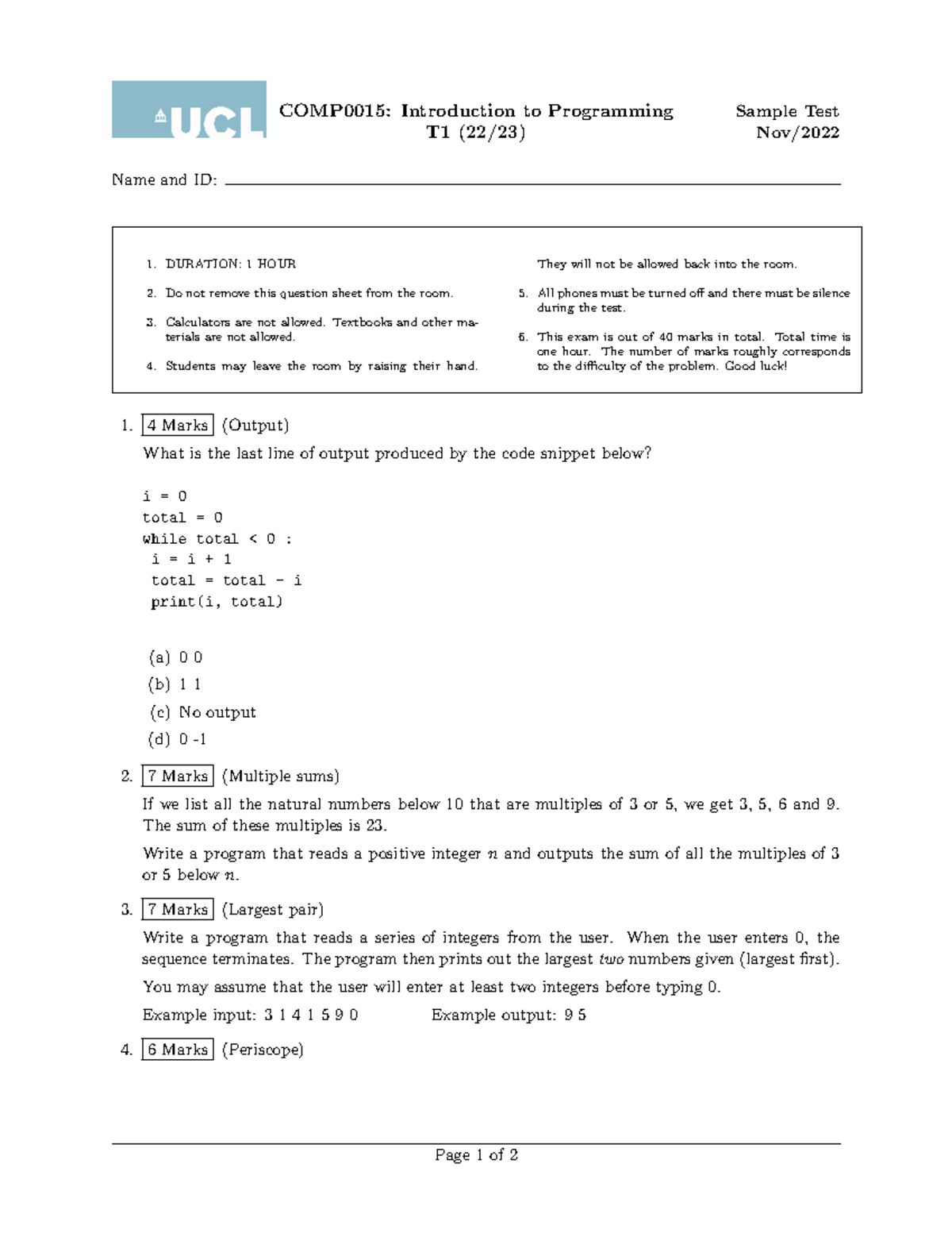 Comp0015-sample-test - COMP0015: Introduction to Programming T1 (22/23 ...