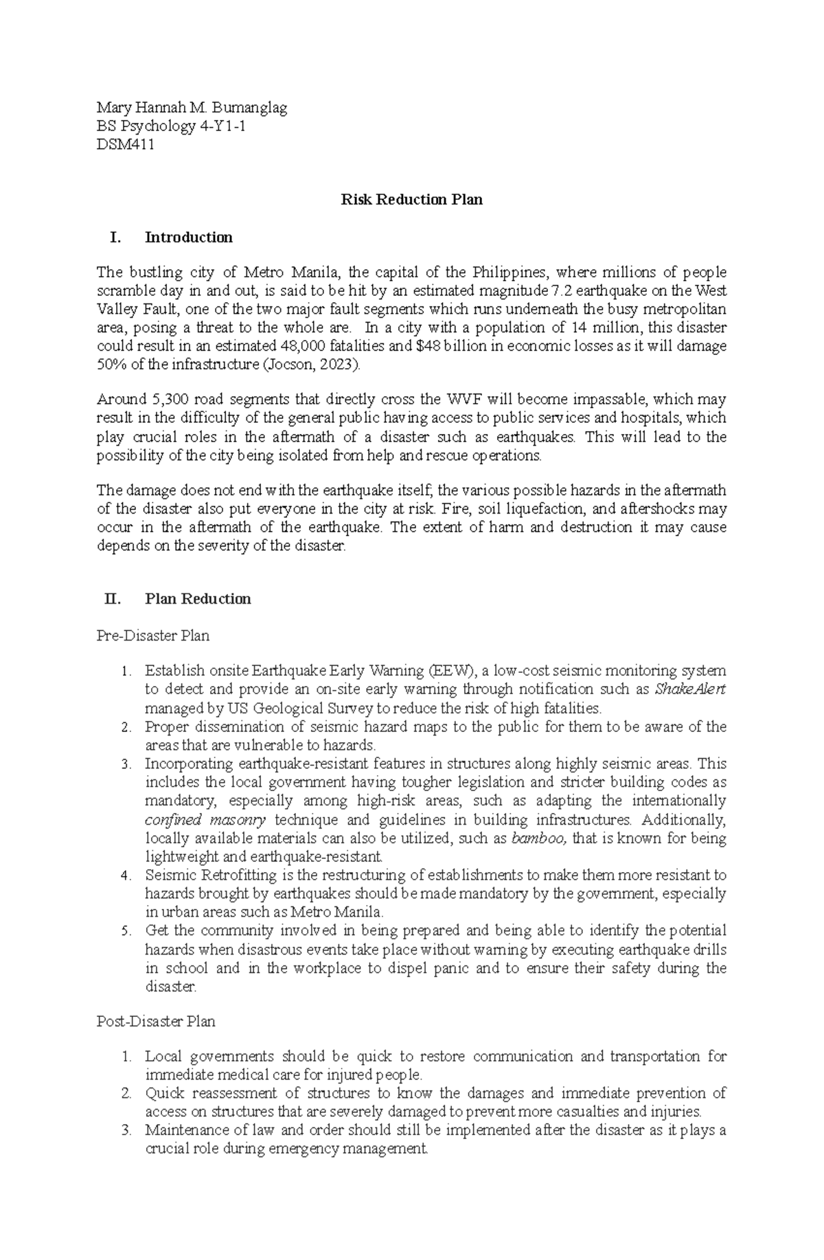 RISK Reduction PLAN - Mary Hannah M. Bumanglag BS Psychology 4-Y1- DSM ...