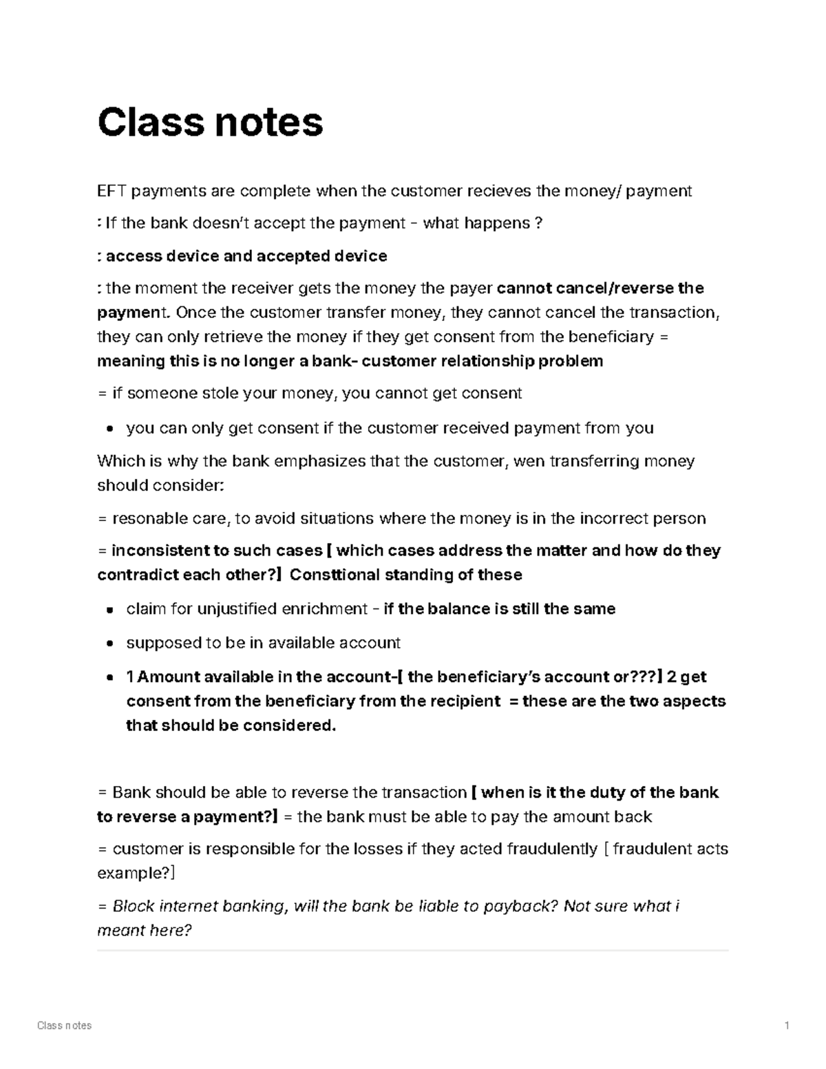 VHD Notes - Class notes 1 Class notes EFT payments are complete when ...