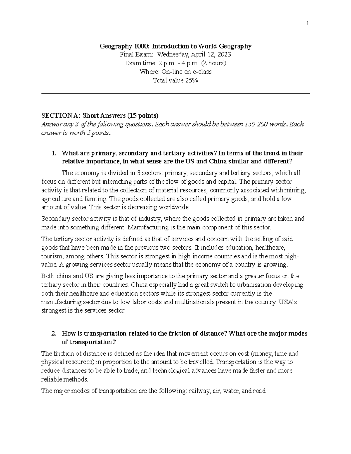 Final Exam Questions (2022) 1 Geography 1000 Introduction to World