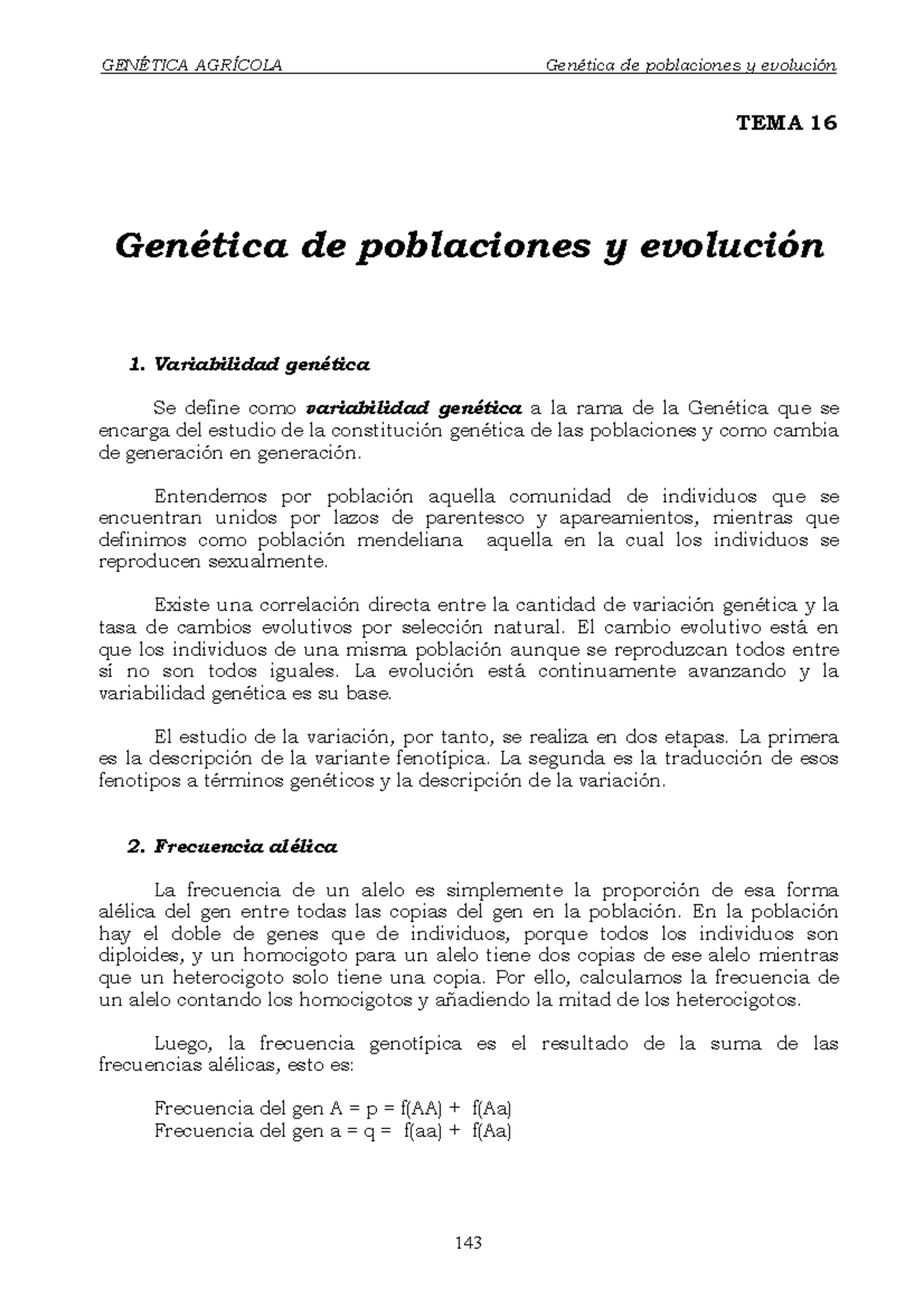 TEMA 16 Genetica DE Poblaciones Y Evolucion GEN TICA AGR COLA Gen 