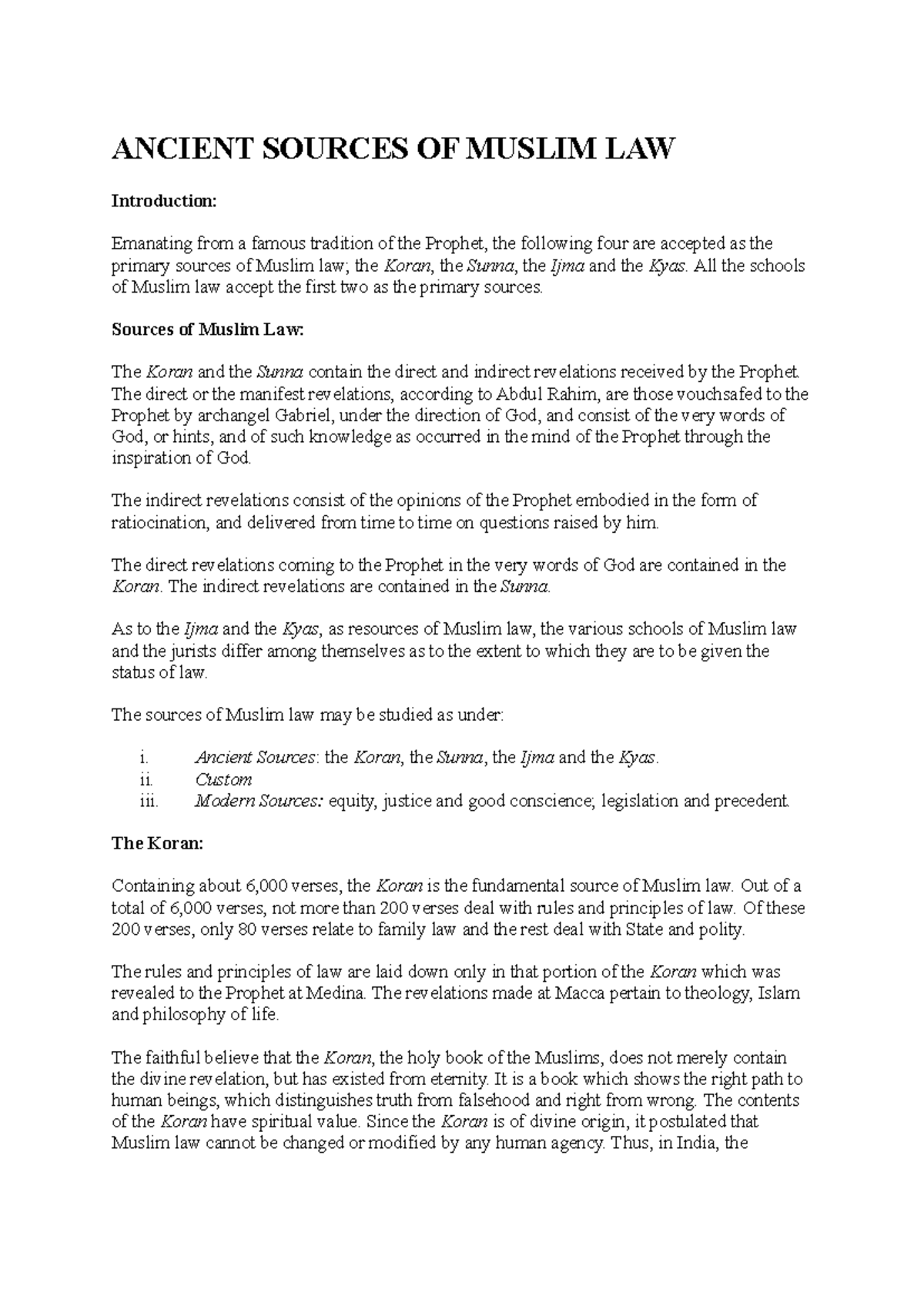 Family LAW - II Notes - ANCIENT SOURCES OF MUSLIM LAW Introduction ...