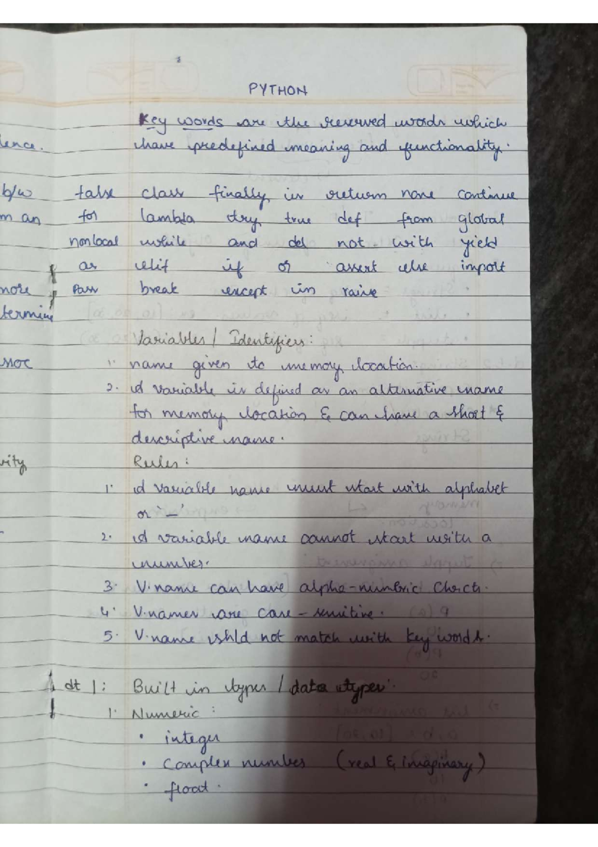 Python notes for begineers - PYTHON key words are the reserved words ...