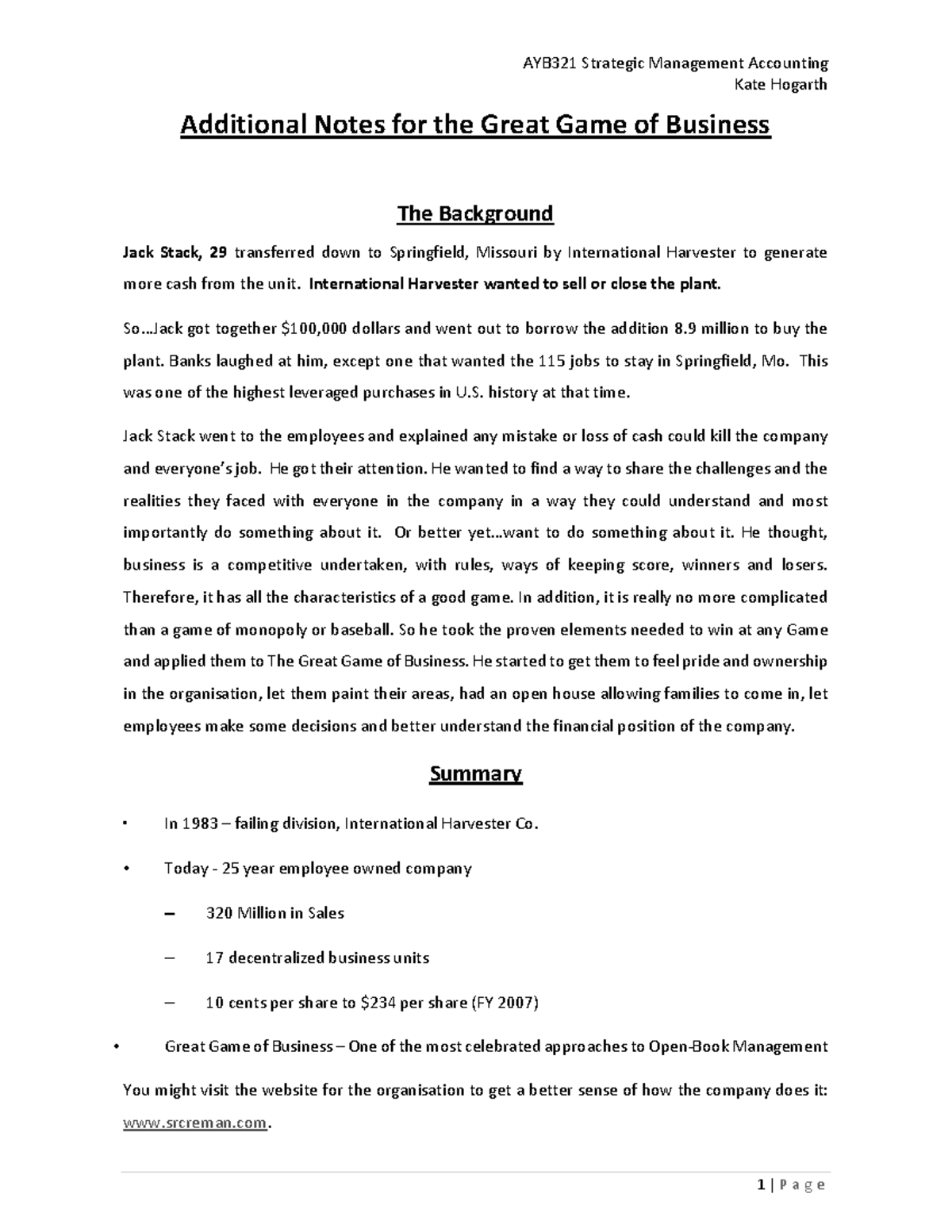 Additional Notes for the Great Game of Business BB - AYB321 Strategic ...