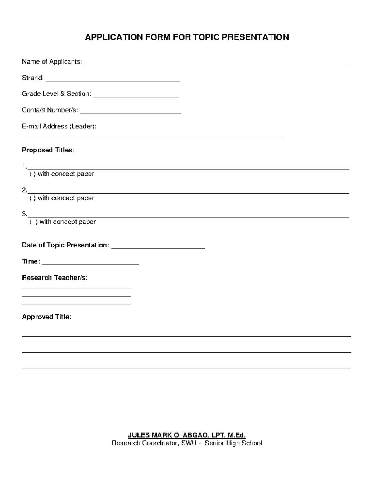 Application-FORM-FOR- Topic- Presentation - APPLICATION FORM FOR TOPIC ...