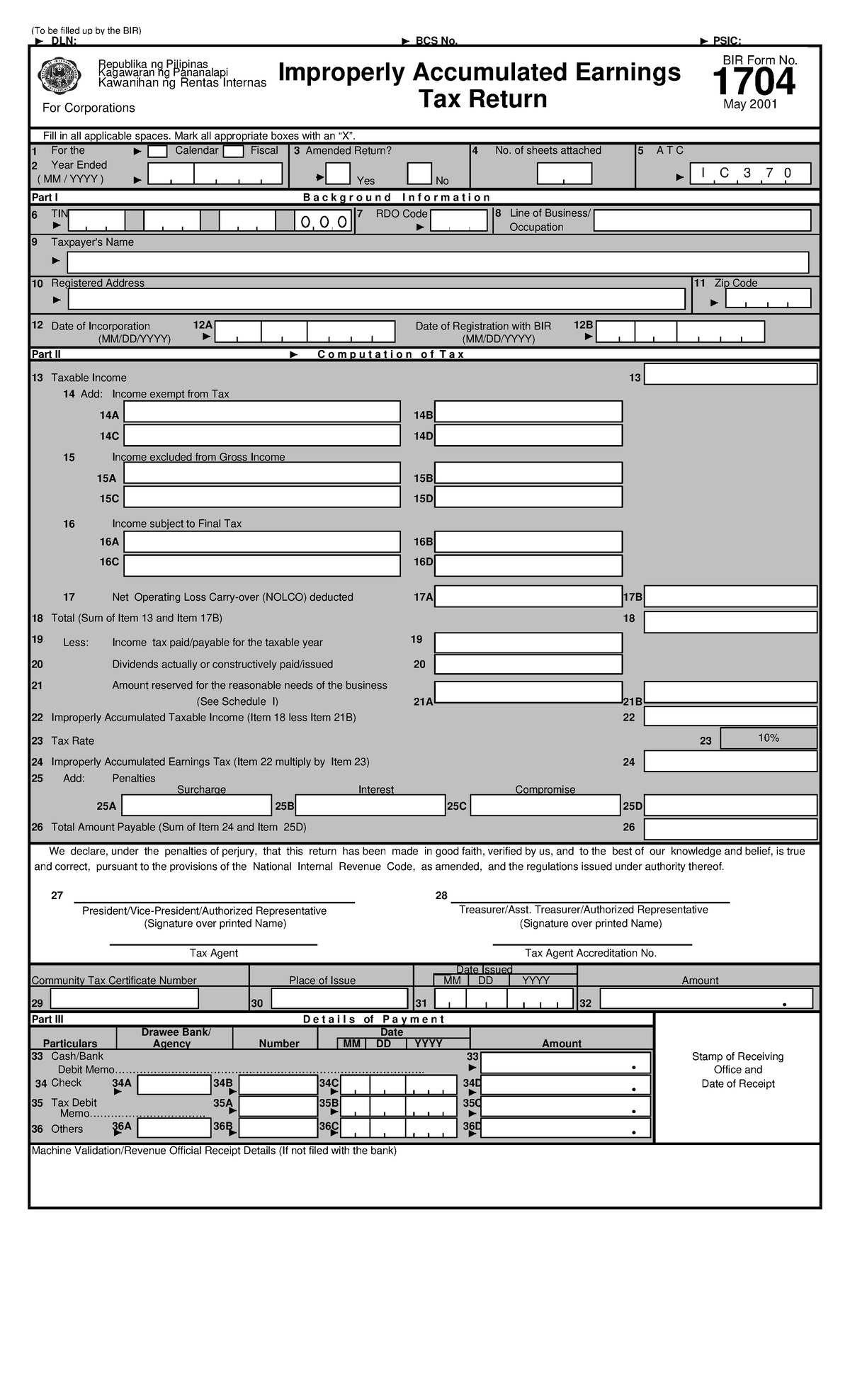 BIR Form No. 1704 (MAY2001 ) final - (To be filled up by the BIR) DLN ...