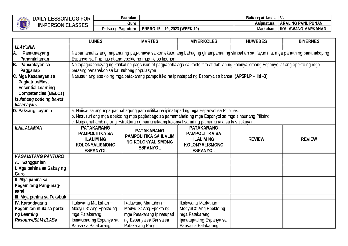 G5 Q2w10 Dll Ap Melcs Dlp Filipino Daily Lesson Log For In Person Classes Paaralan 3990