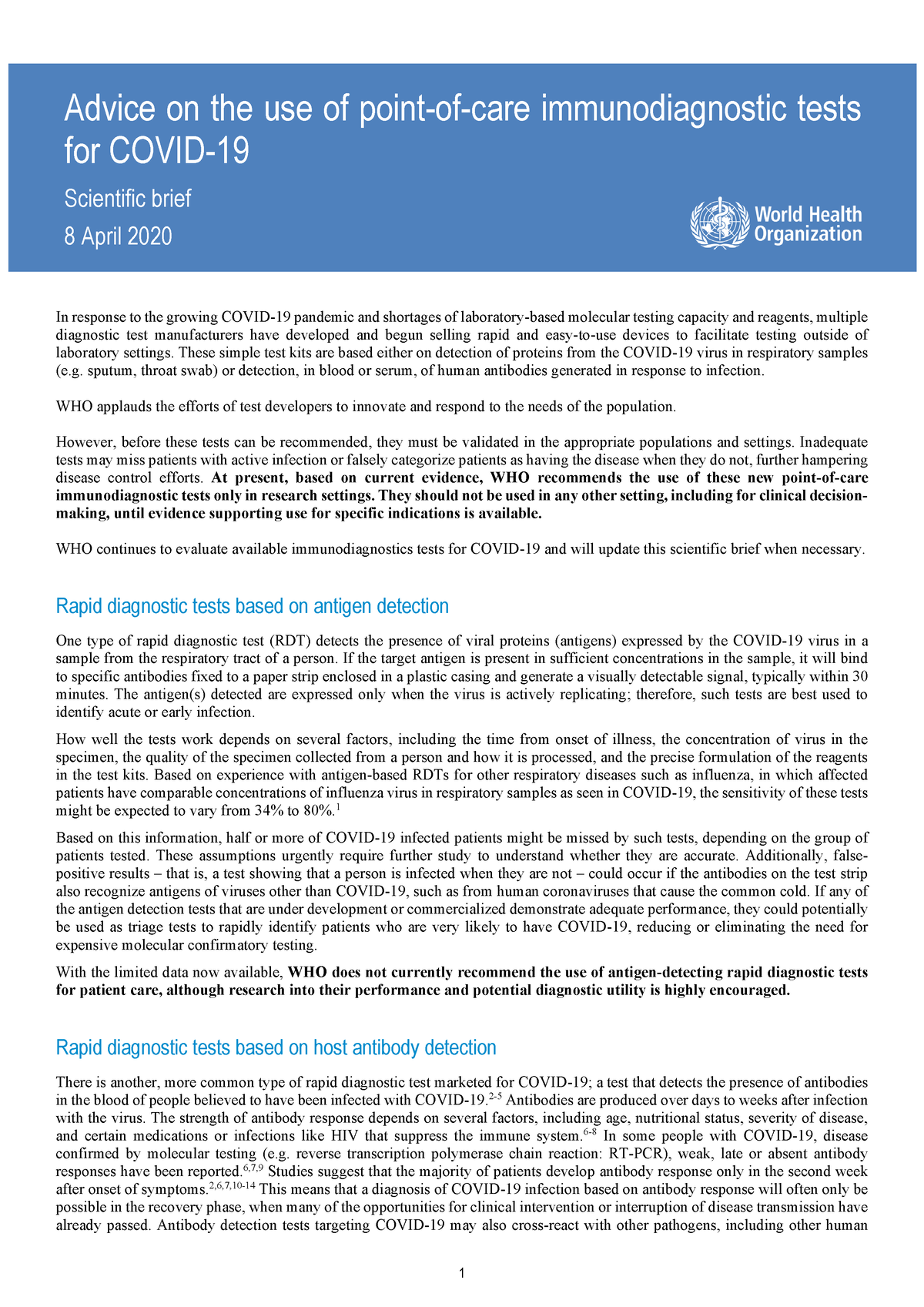 WHO-2019-n Co V-Sci Brief-POC immunodiagnostics-2020 - 1 Advice on the ...