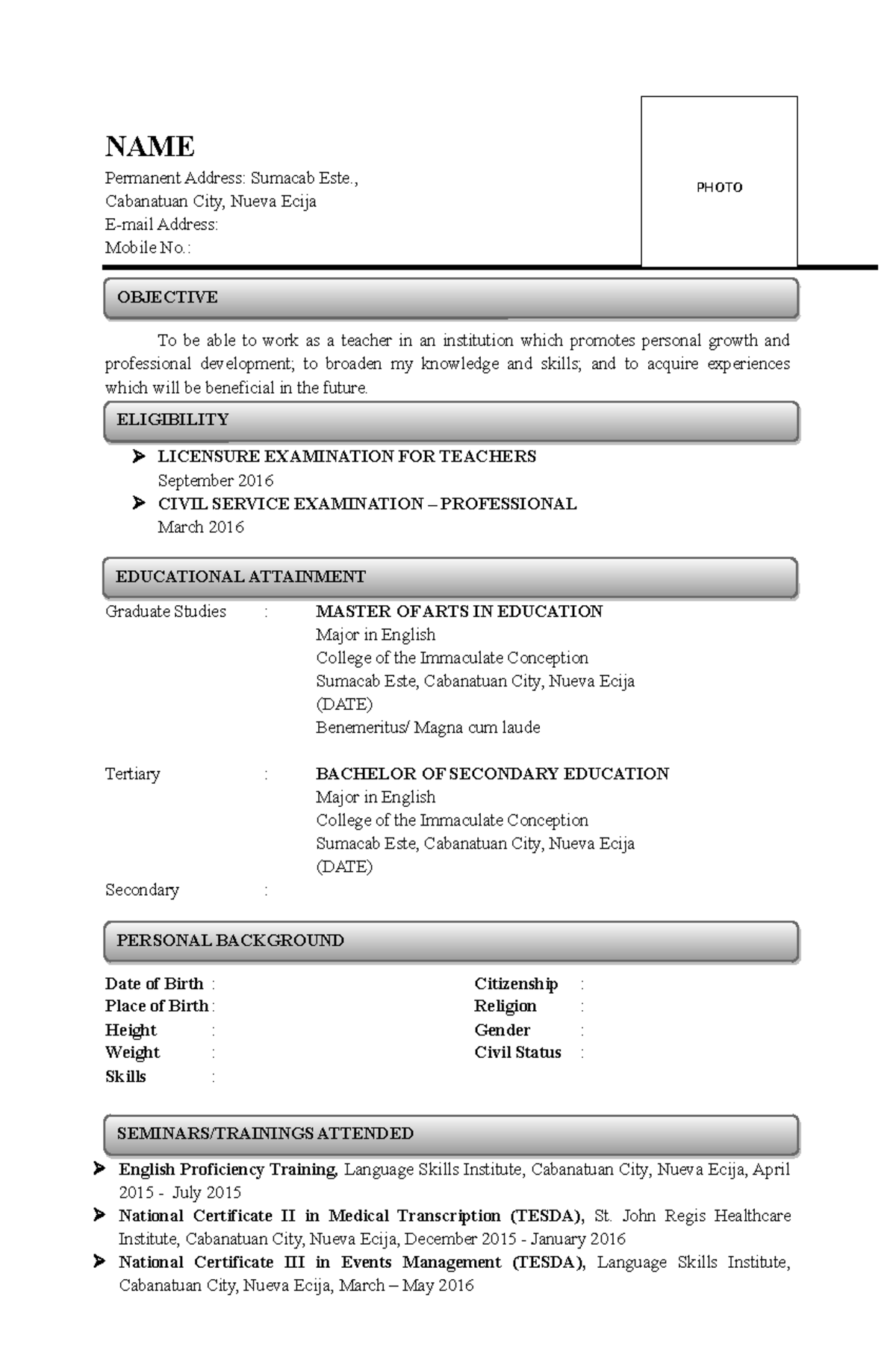 Resume sample for college students of neust sample documents - NAME ...