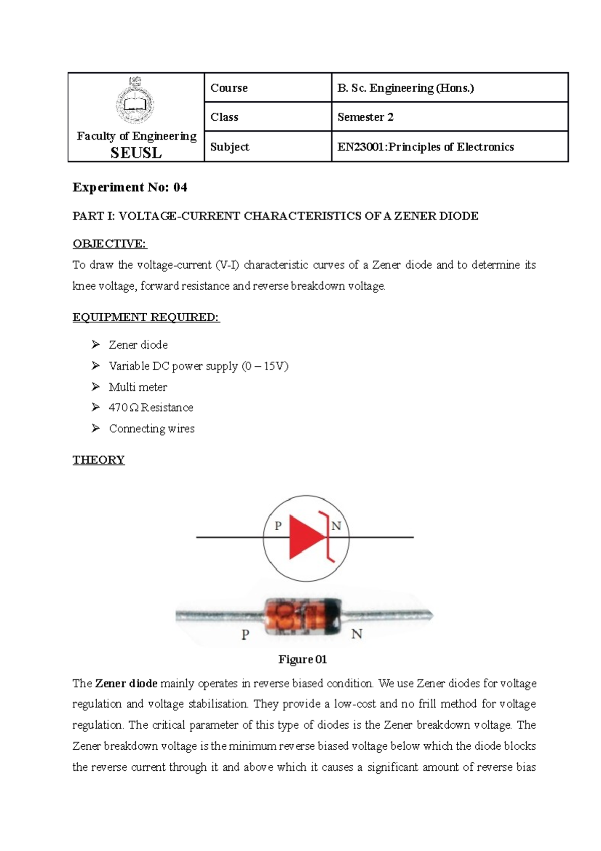 Experiment 04 Zener diode Faculty of Engineering SEUSL Course B. Sc