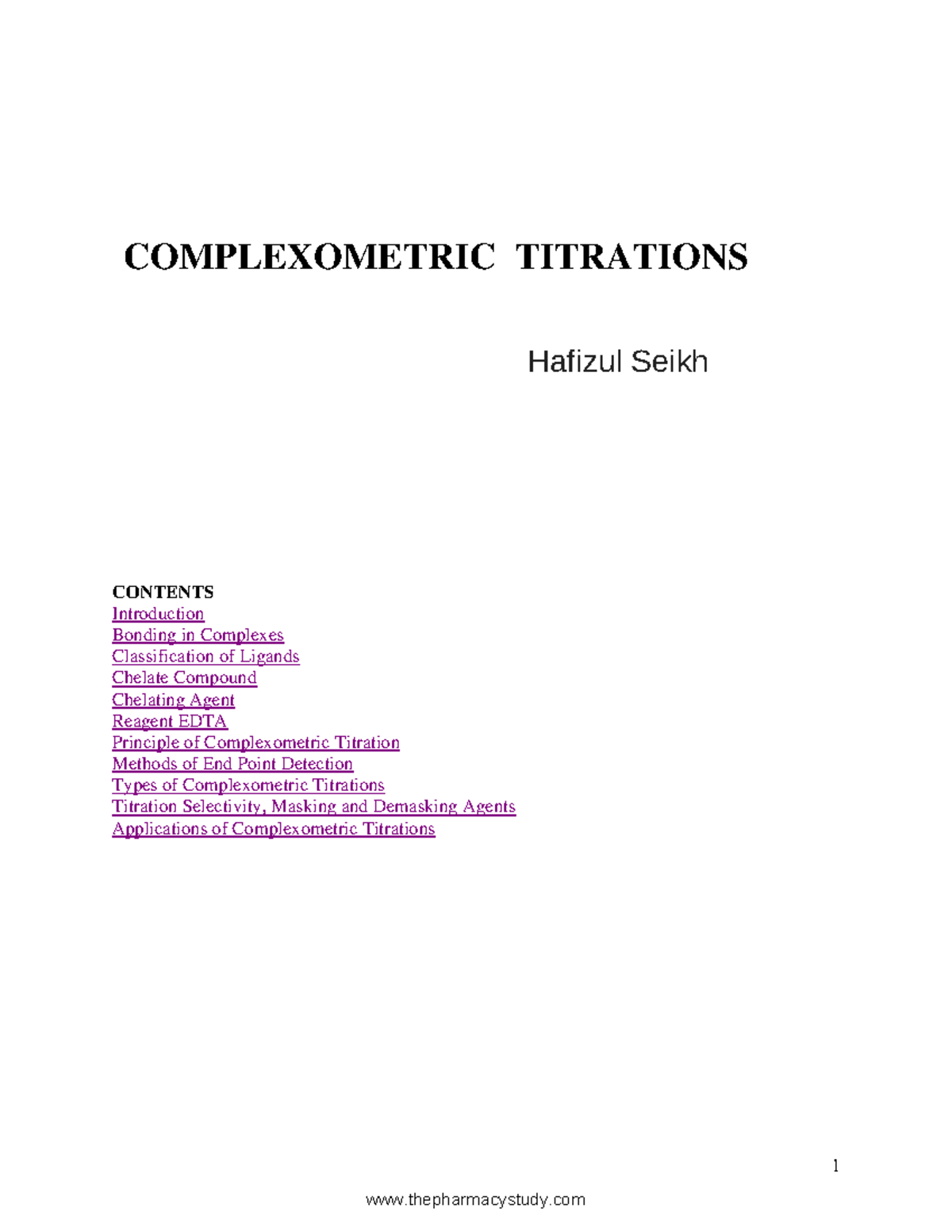 ComplexometricTitration CONTENTS Introduction Bonding in Complexes