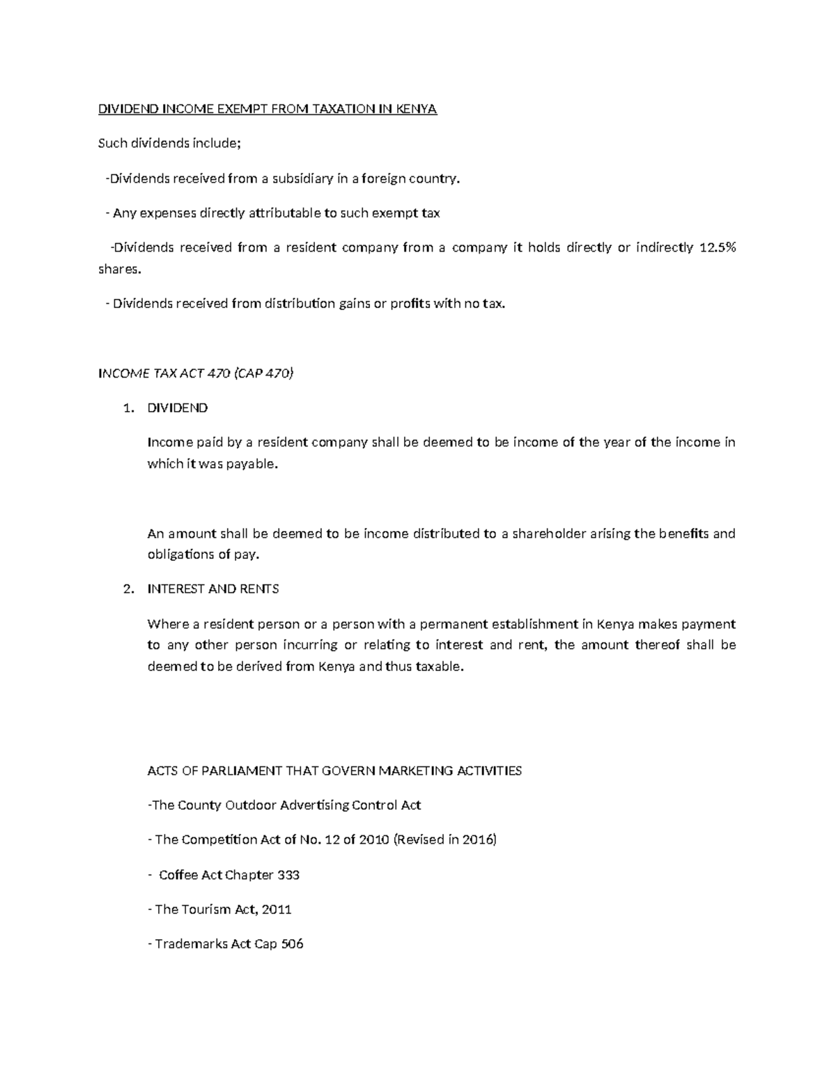 Taxation DIVIDEND EXEMPT FROM TAXATION IN KENYA Such dividends