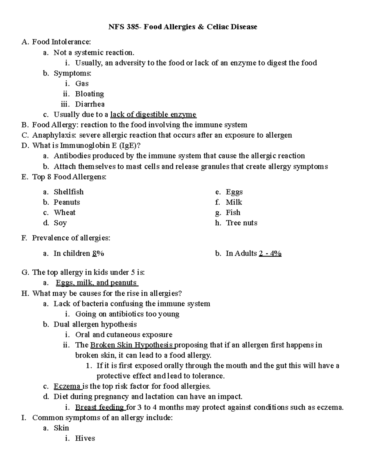 NFS 385 Food Allergy Skeletal Notes - NFS 385- Food Allergies & Celiac ...