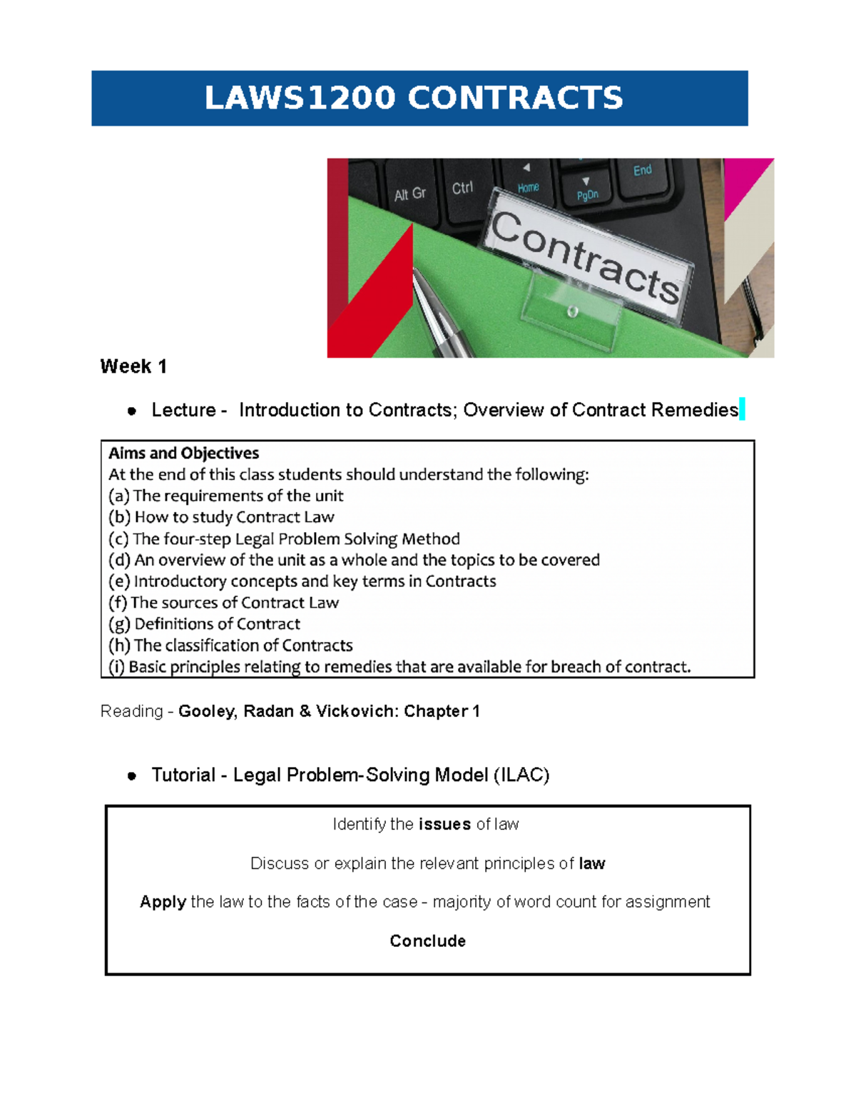LAWS1200 Contracts - Lecture Notes and Tute materials - Week 1 Lecture ...