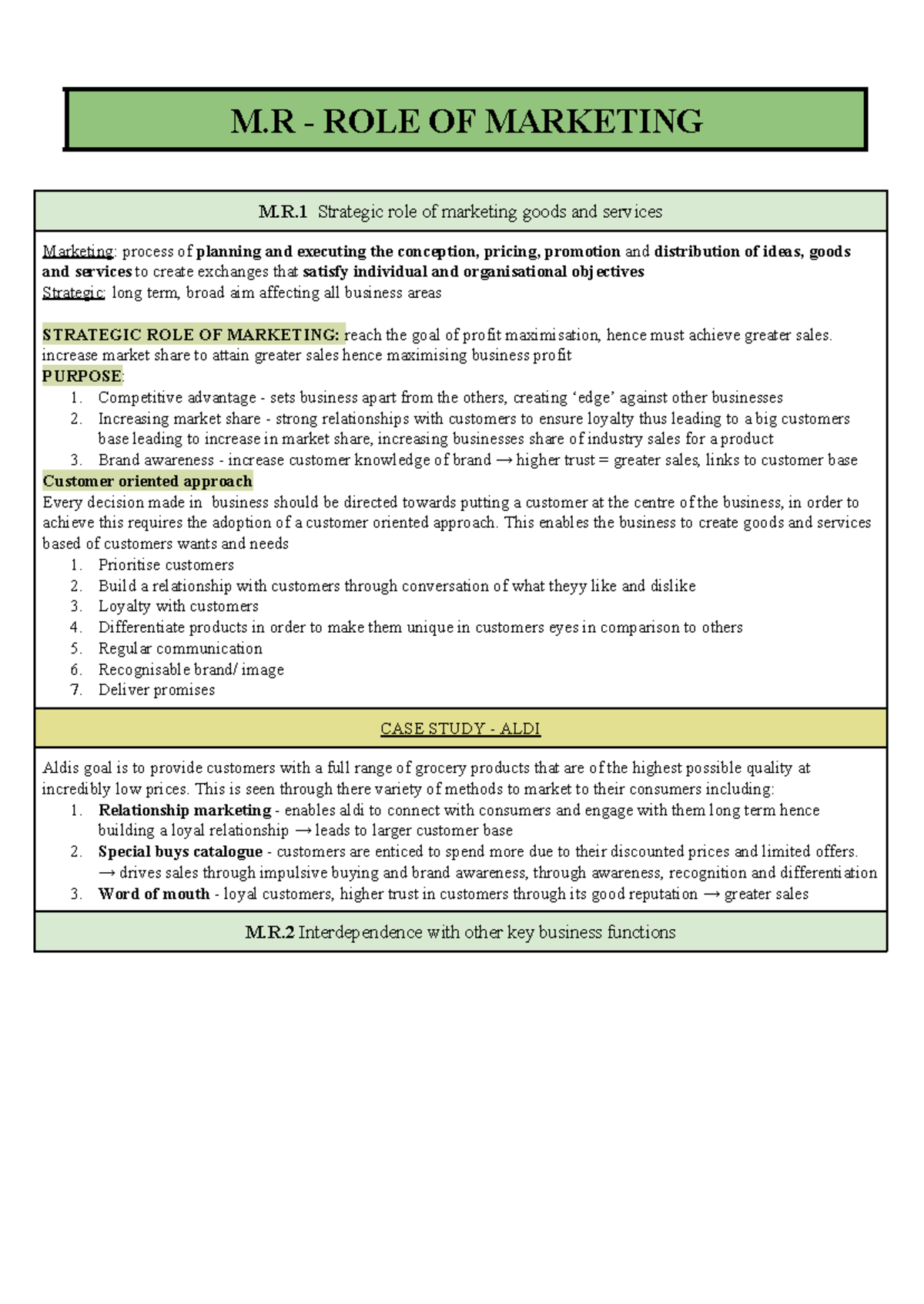 BUS HSC Topic 3 - Marketing - M - ROLE OF MARKETING M.R Strategic role ...