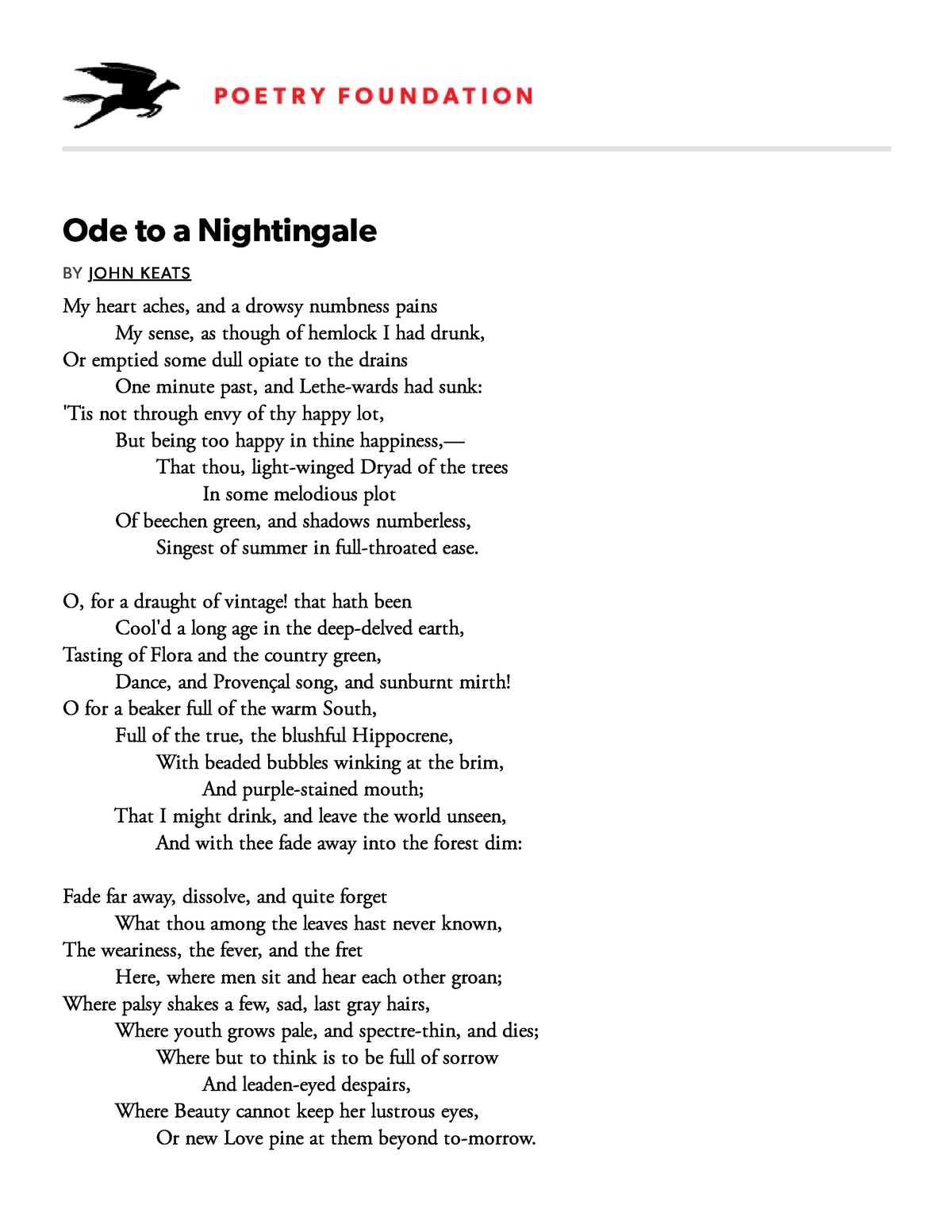 Ode To A Nightingale By John Keats Poetry Foundation Ode To A