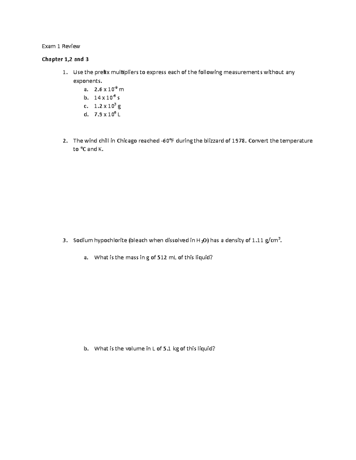 Exam 1 Review - Practice questions for exam 1 for Chem 120 class ...