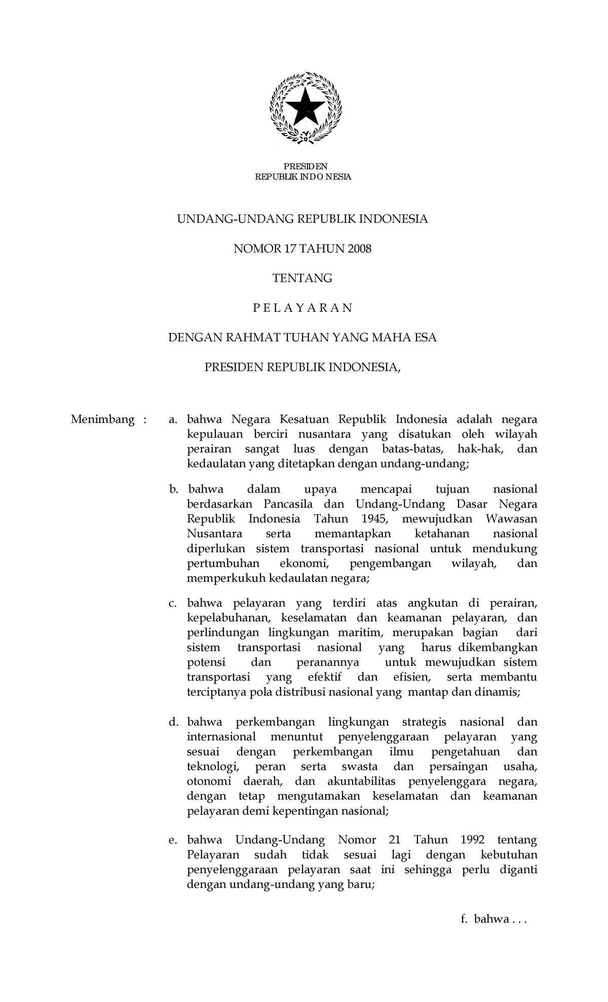 UU No 17 Tahun 2008 - UNDANG UNDANG - REPUBLIK INDO NESIA UNDANG-UNDANG ...