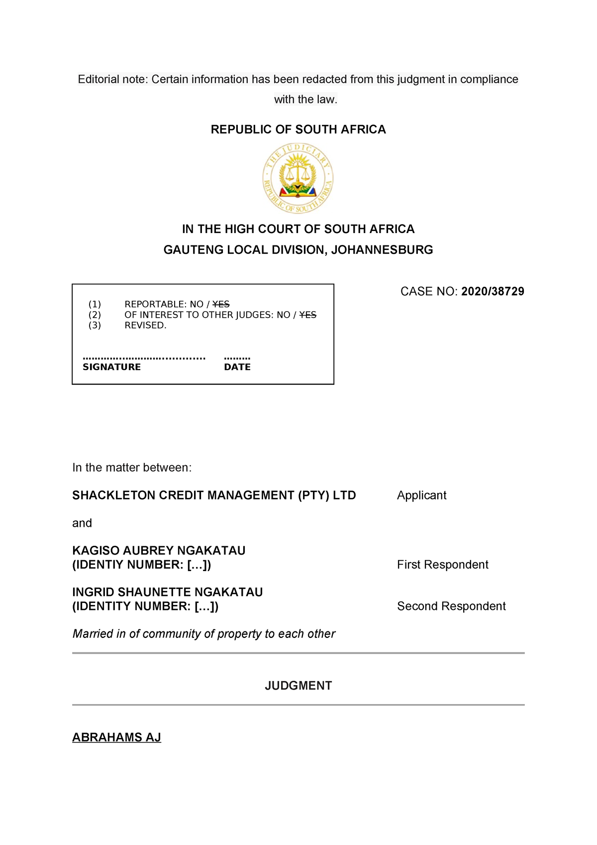 Shackleton Credit Management (Pty) Ltd v Ngakatau and Another (3872920 ...