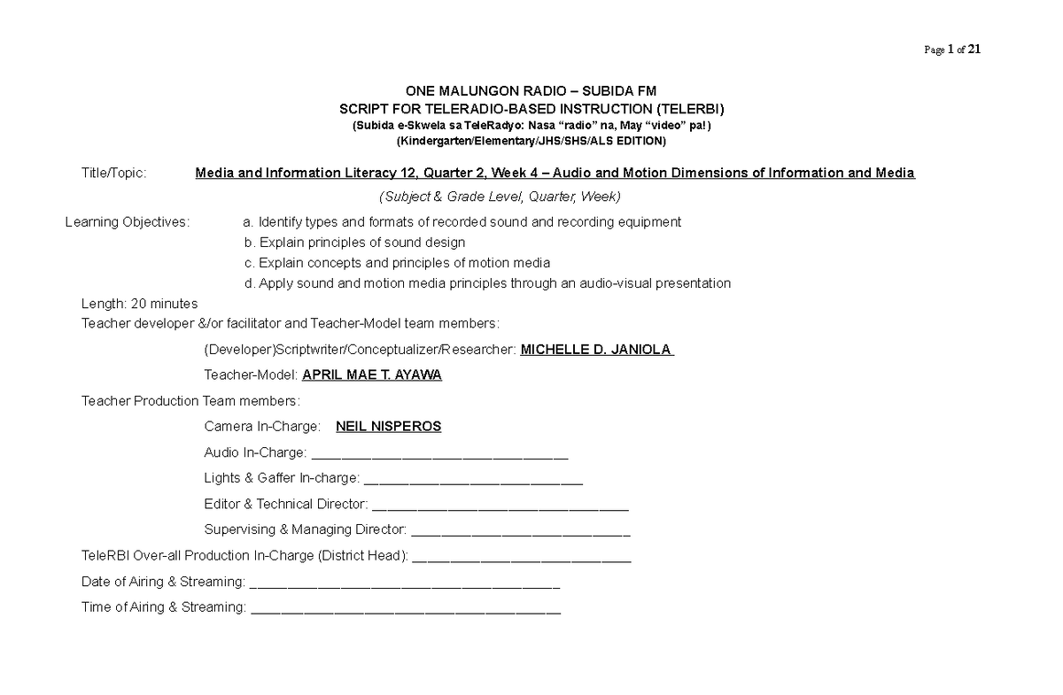 OMR Tele RBI Script MIL Q2LAS4 WEEK4 - ONE MALUNGON RADIO – SUBIDA FM ...