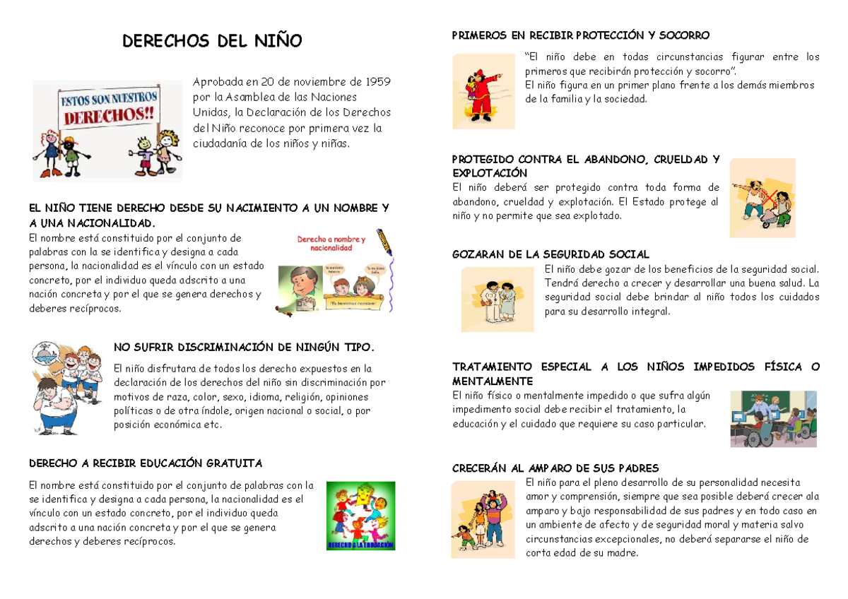 Diptico Derechos Del Nino - DERECHOS DEL NIÑO Aprobada en 20 de