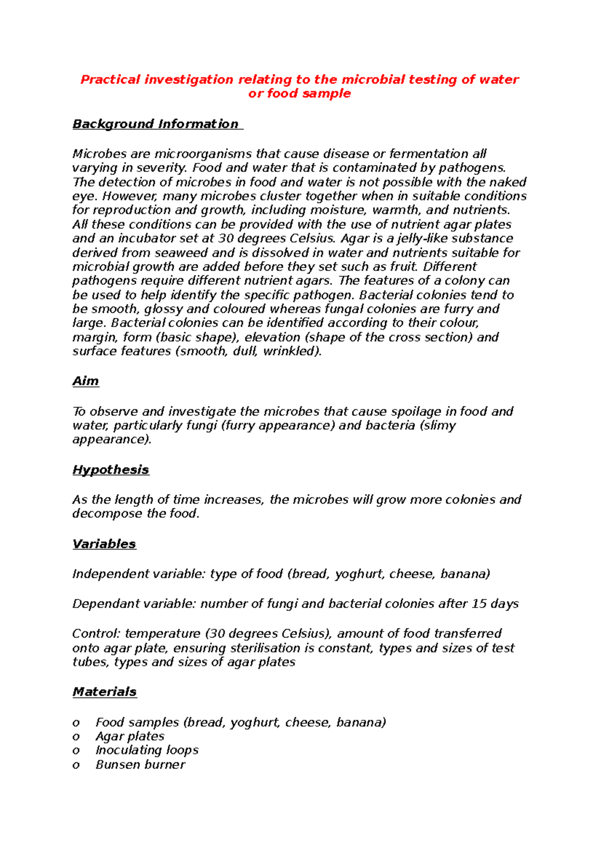 Practical investigation relating to the microbial testing of water or ...