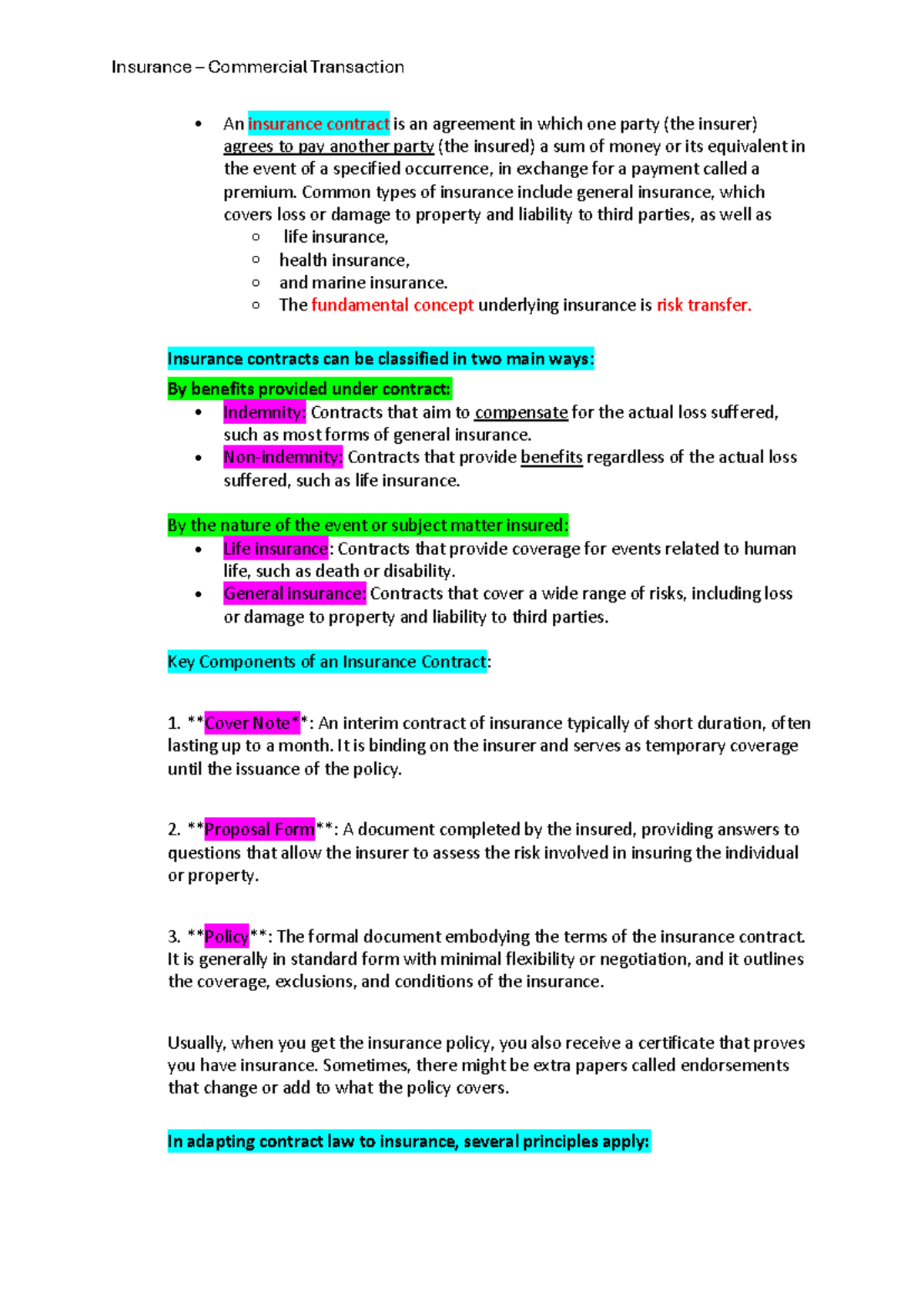 Insurance - Commercial Transaction - An insurance contract is an ...