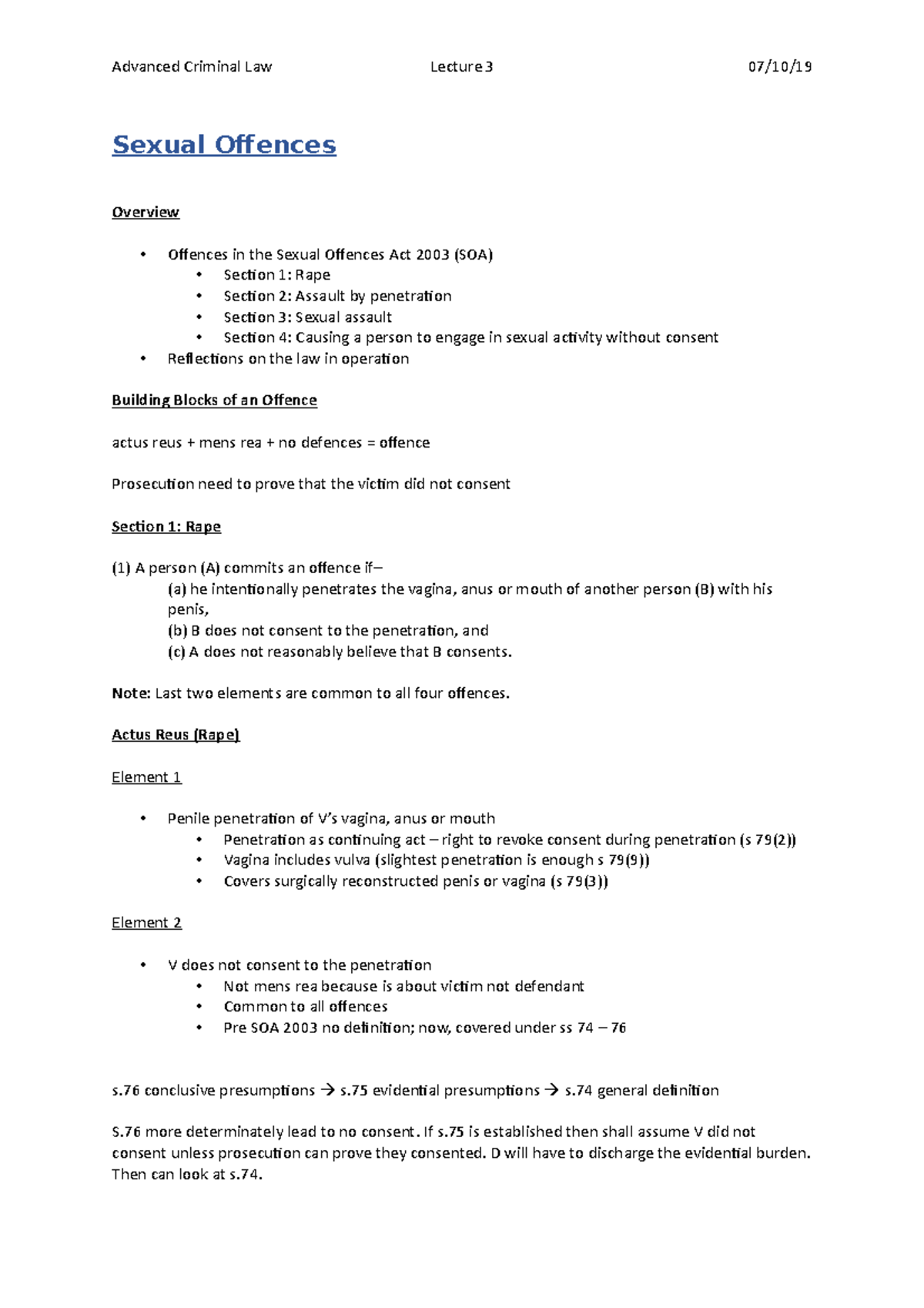 L3 Sexual Offences Lecture Notes 3 Sexual Offences Overview Offences In The Sexual Offences