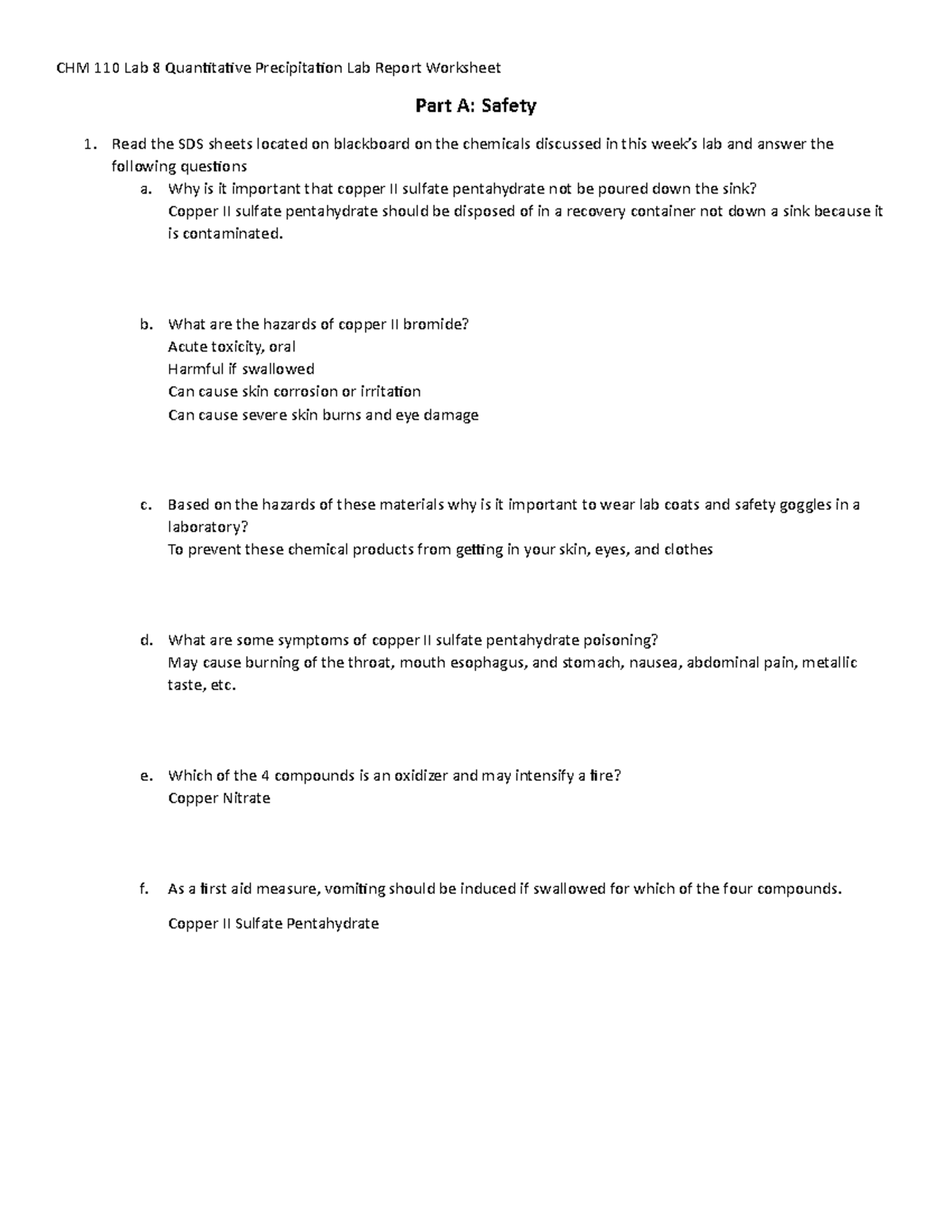 CHM 110 Experiment 8 Worksheet. - CHM 110 Lab 8 Quantitative ...