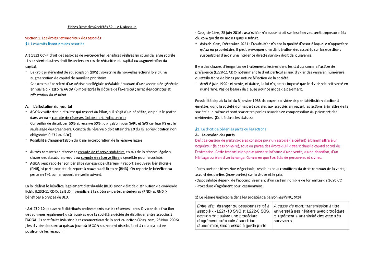 Fiches Droit des Sociétés S2 - Les droits patrimoniaux des associés §1