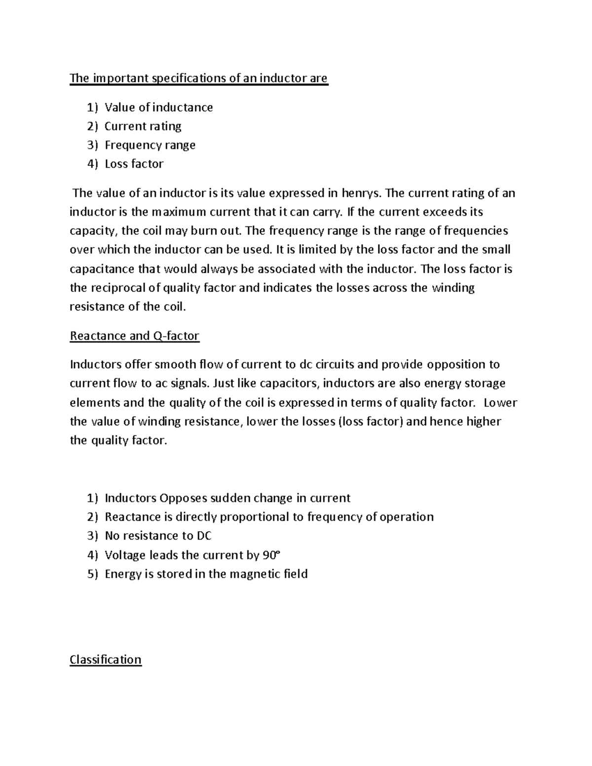 Specifications of Inductors The important specifications of an