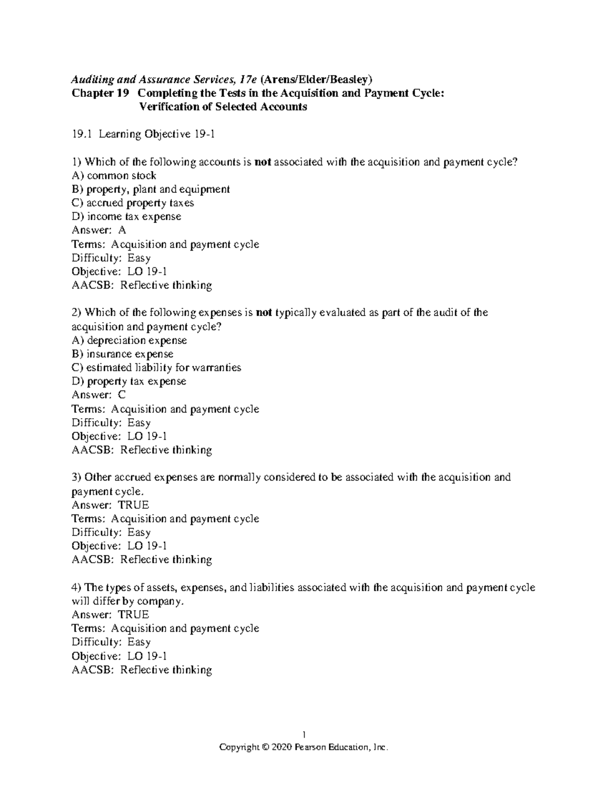 Chapter 19 - Test - Auditing And Assurance Services, 17e Chapter 19 