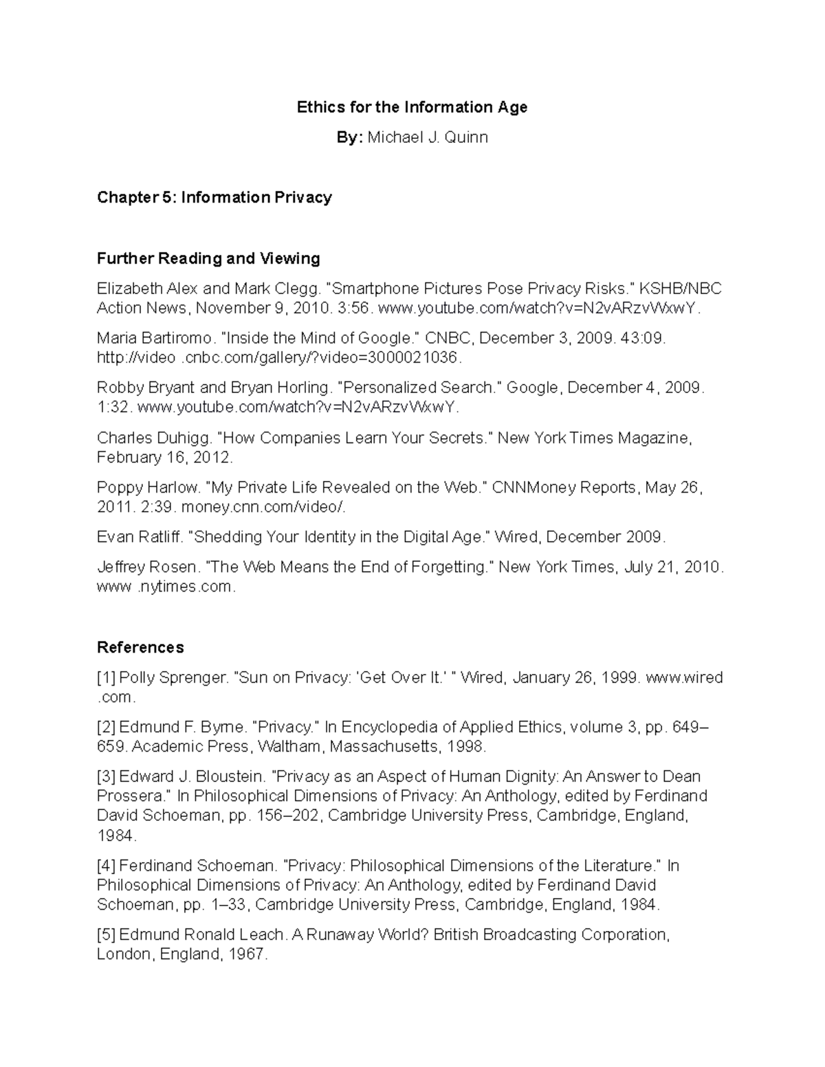 Chapter 5 Information Privacy References Further Reading and Viewing ...