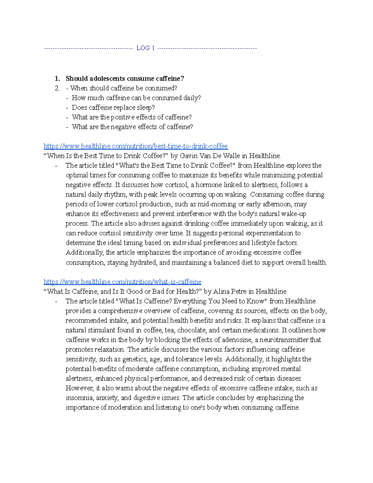 Copy of Research Log - LOG 1 - 1. Should adolescents consume caffeine ...