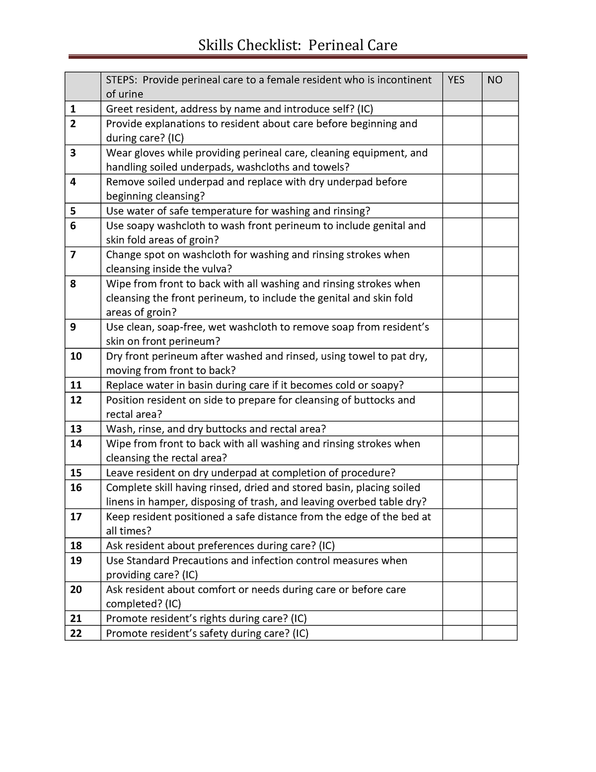 Cna perineal care checklist - Skills Checklist: Perineal Care STEPS ...