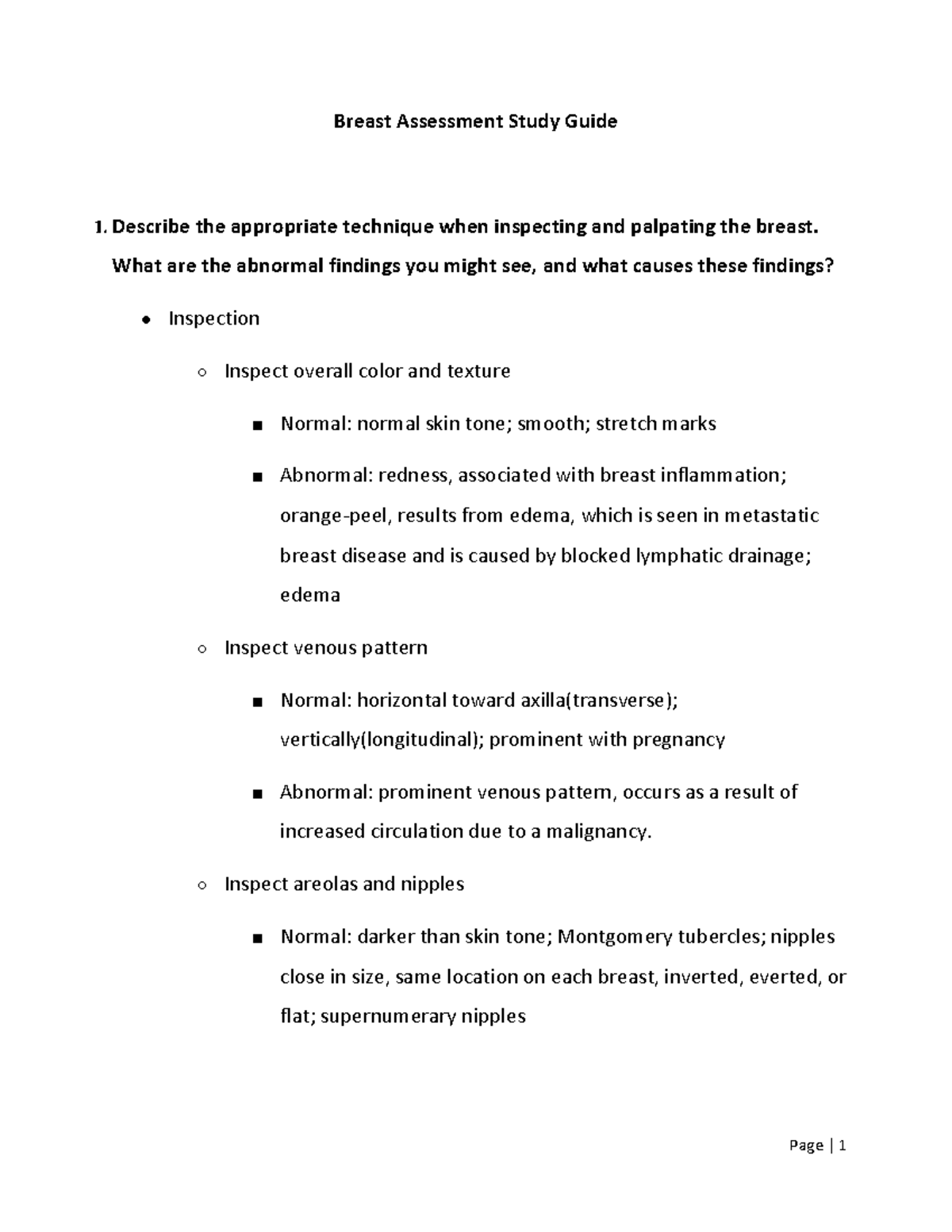 Breast Assessment Study Guide - Describe the appropriate technique when ...