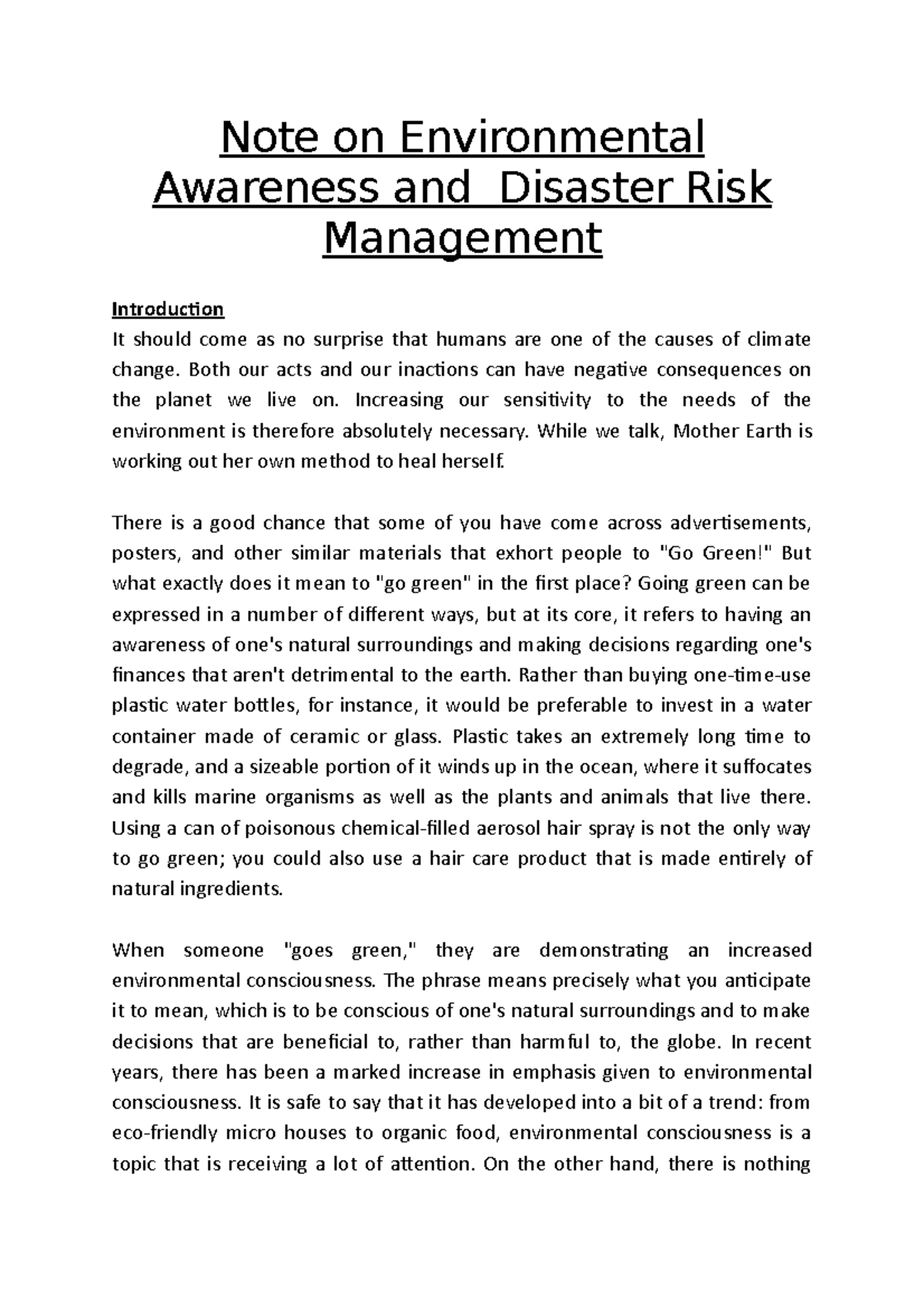 Note On Environmental Awareness And Disaster Risk Management - Note On ...