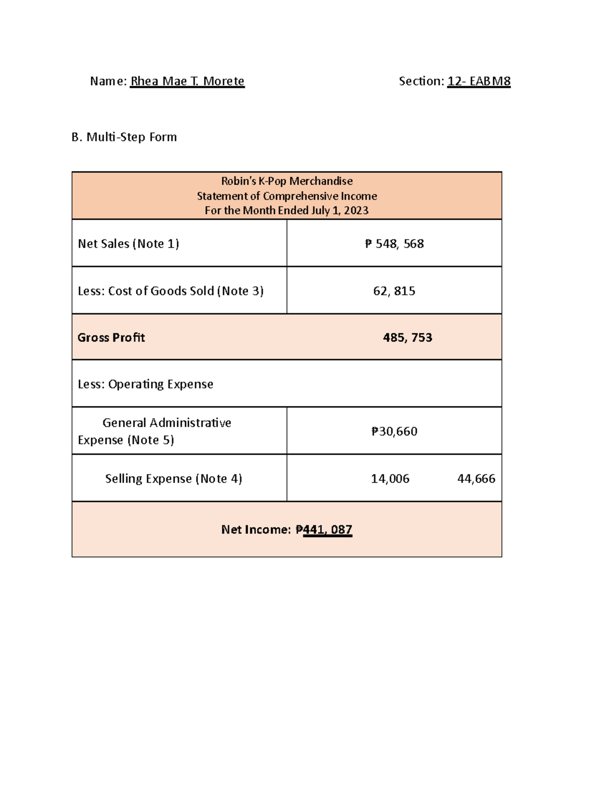 Comprehensive income multi step - Name: Rhea Mae T. Morete Section: 12 ...