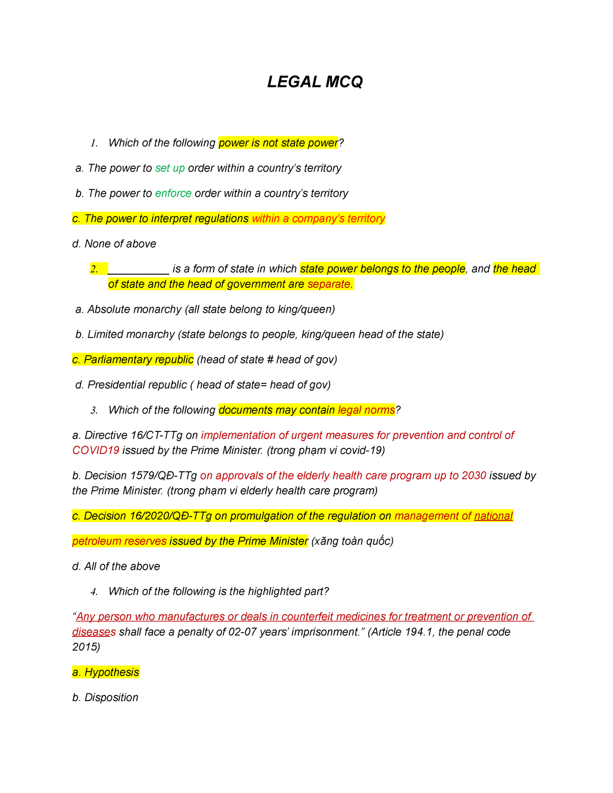 legal principles through case study mcq