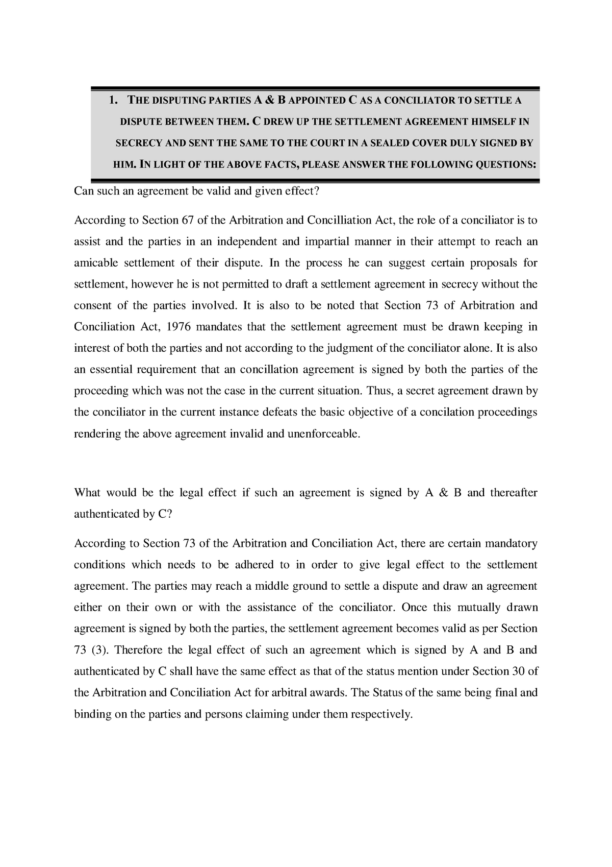 Sample Questions (ADRS) - 1. THE DISPUTING PARTIES A & B APPOINTED C AS ...