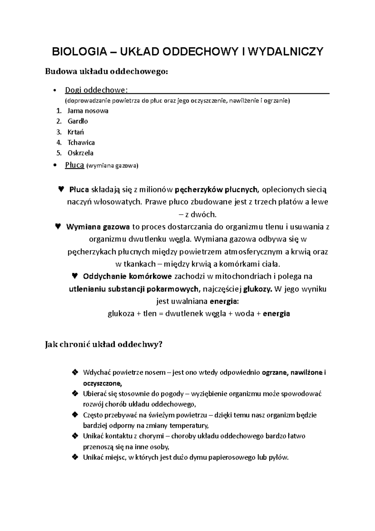 Biologia - układ oddechowy i wydalniczy - BIOLOGIA – UKŁAD ODDECHOWY I