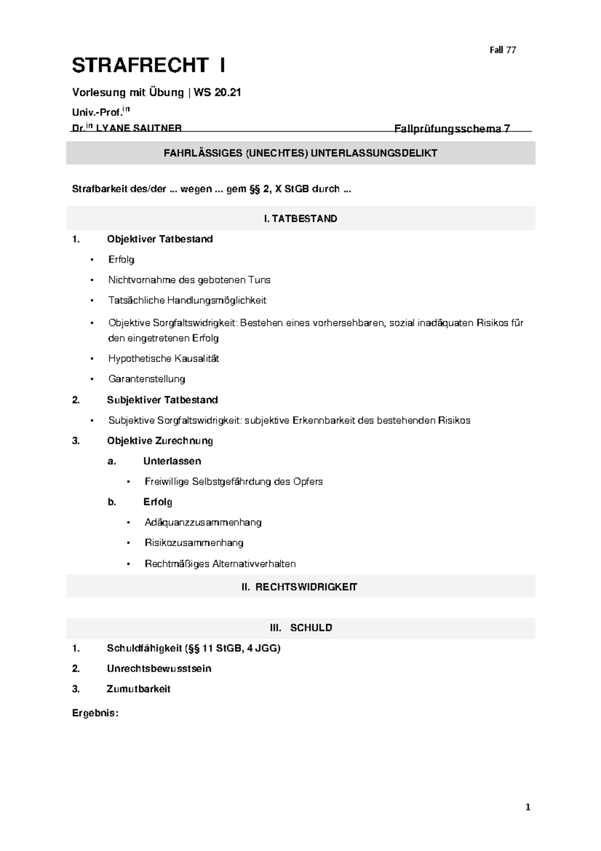 Fahrlässige Tötung Durch Unterlassen Schema Schema 7 Fahrlässiges (unechtes) Unterlassungsdelikt - STRAFRECHT I