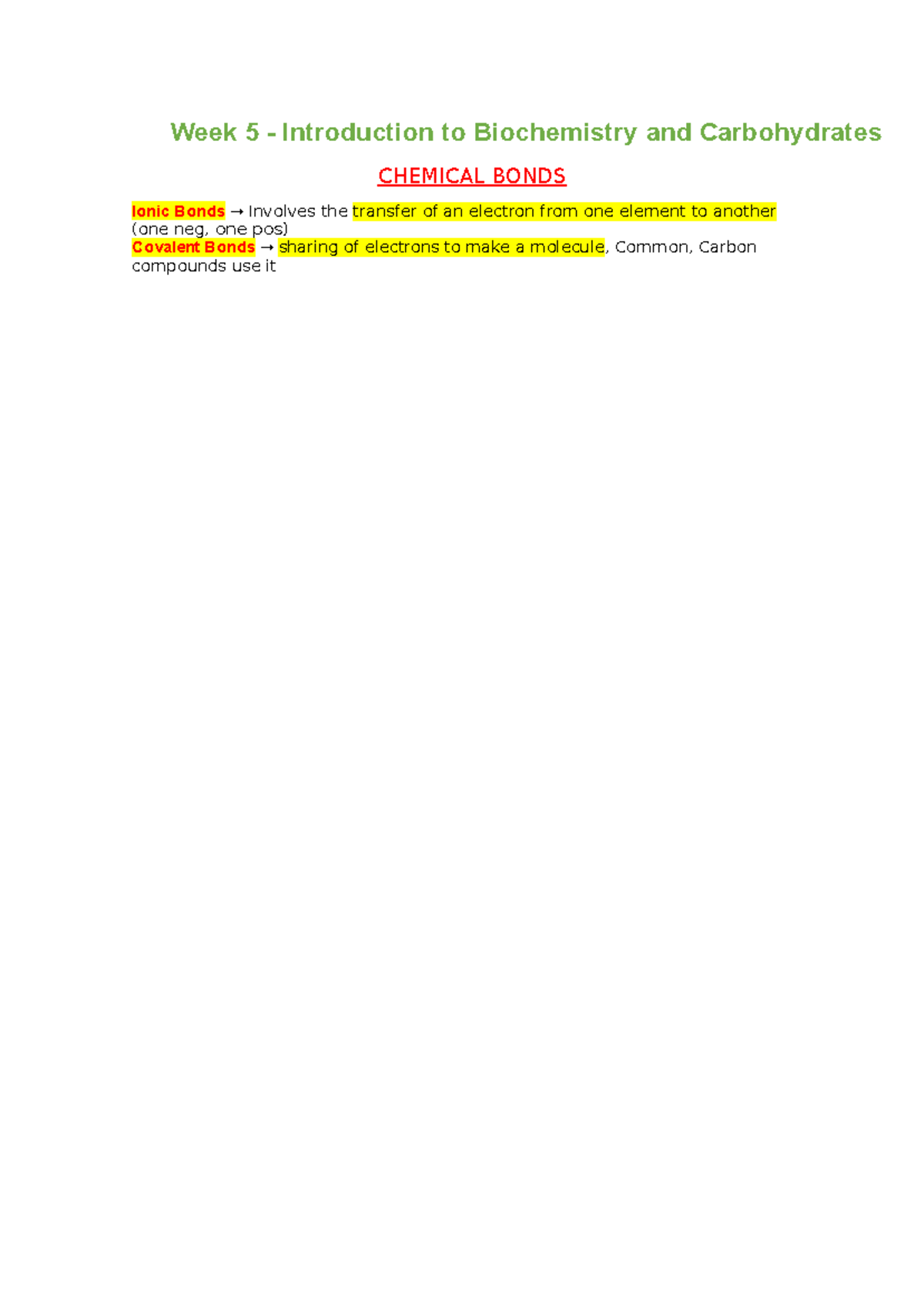 Week 5+6 - Lecture notes 5-6 - Week 5 - Introduction to Biochemistry ...