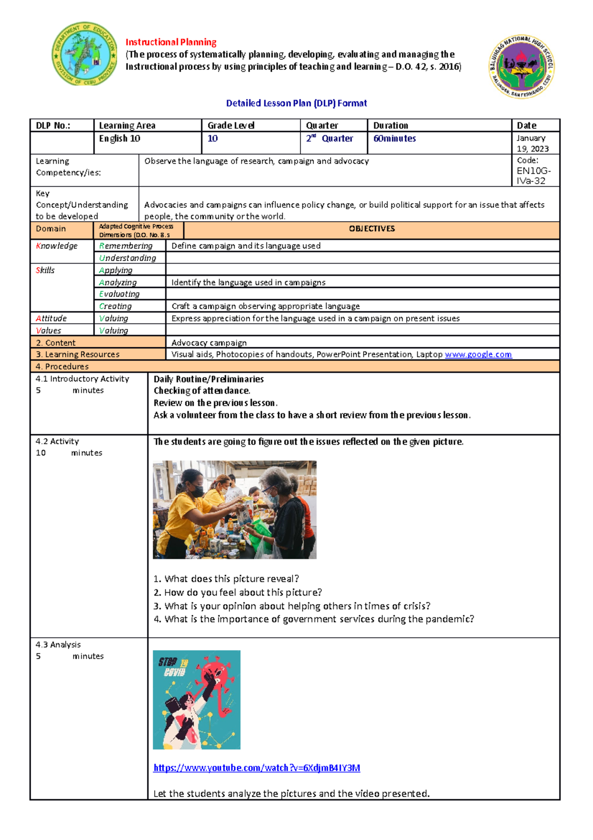 CO English 10 DLP 2nd quarter - Instructional Planning (The process of ...