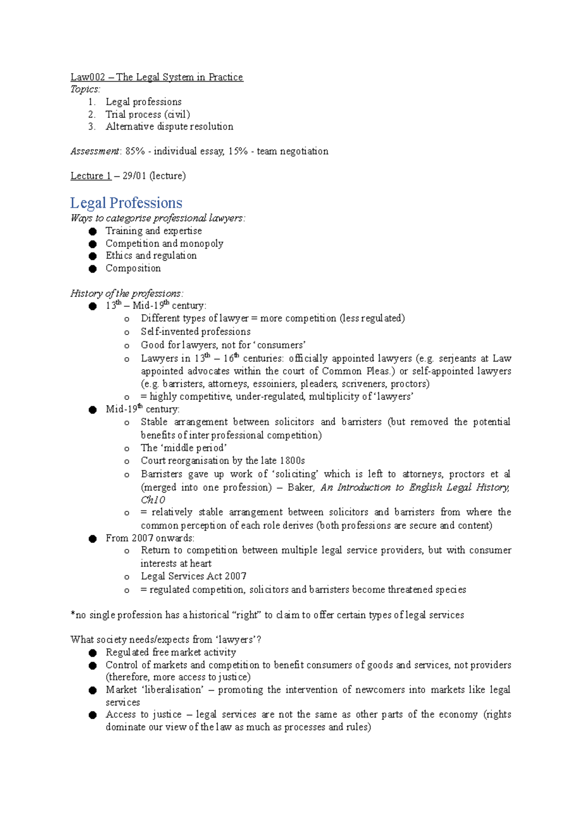 Law002 Lecture Notes - Law002 – The Legal System in Practice Topics: 1 ...