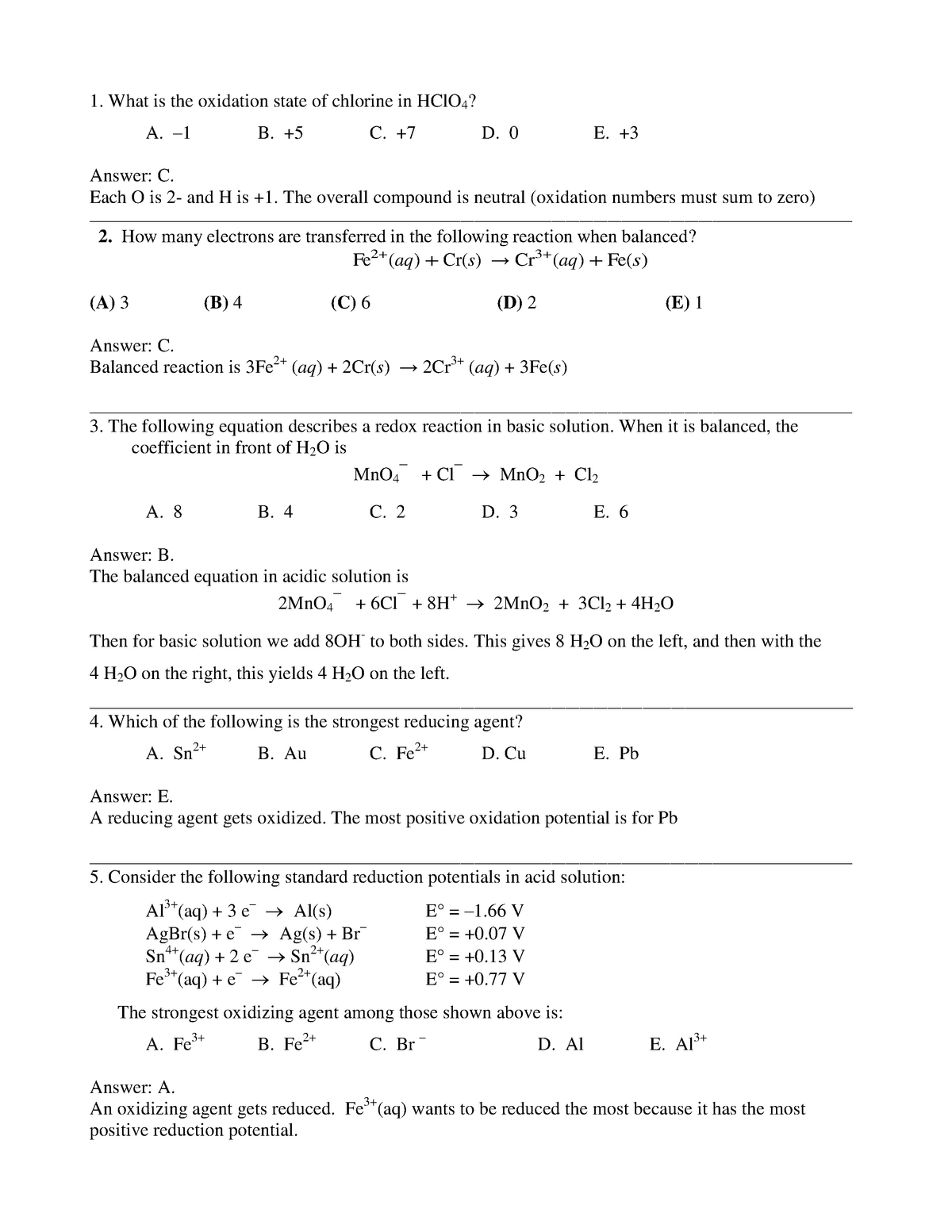 Exam4Practice Questions Key - What is the oxidation state of chlorine ...