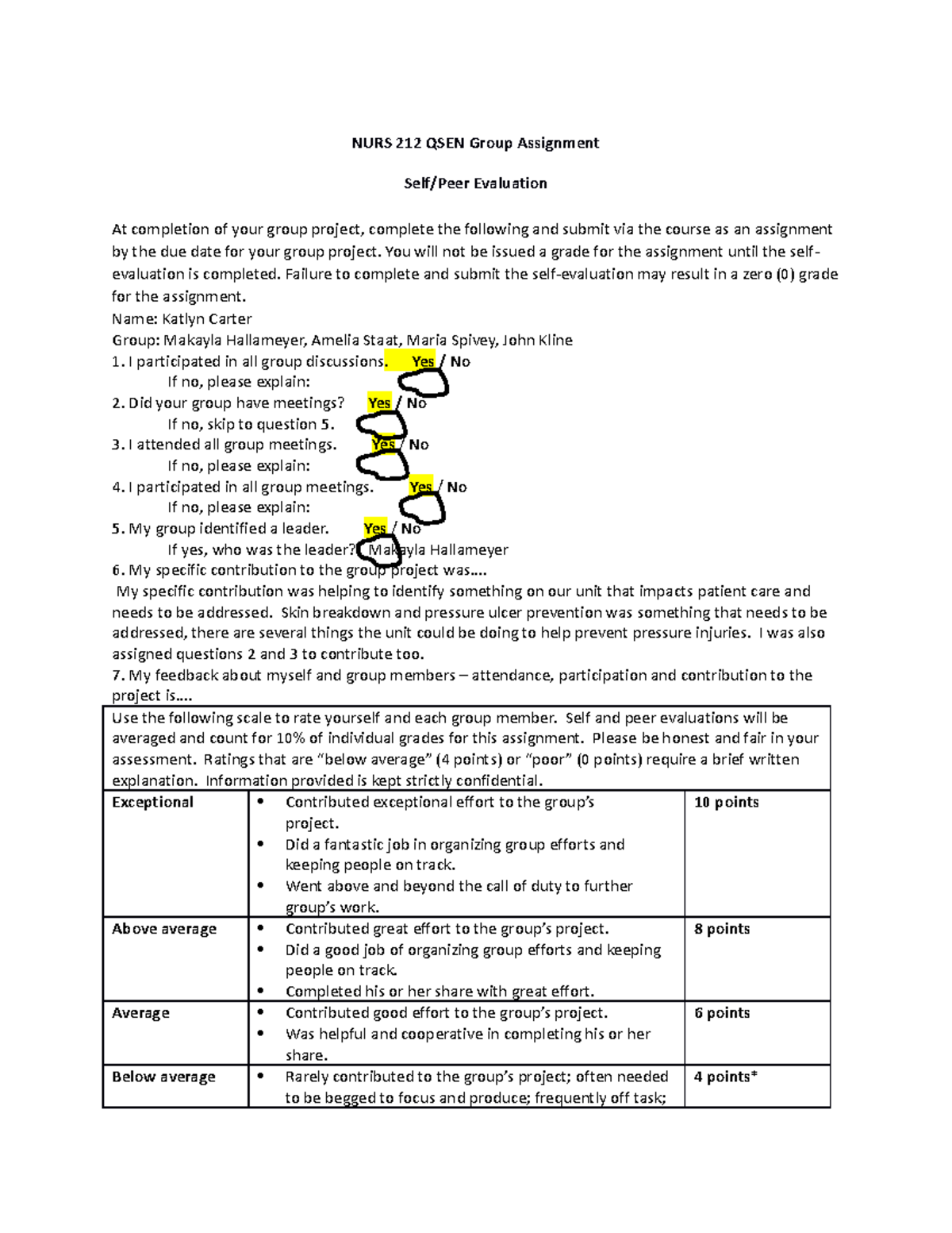 N212 QSEN Group Assignment Self-Peer Evaluation - NURS 212 - Studocu