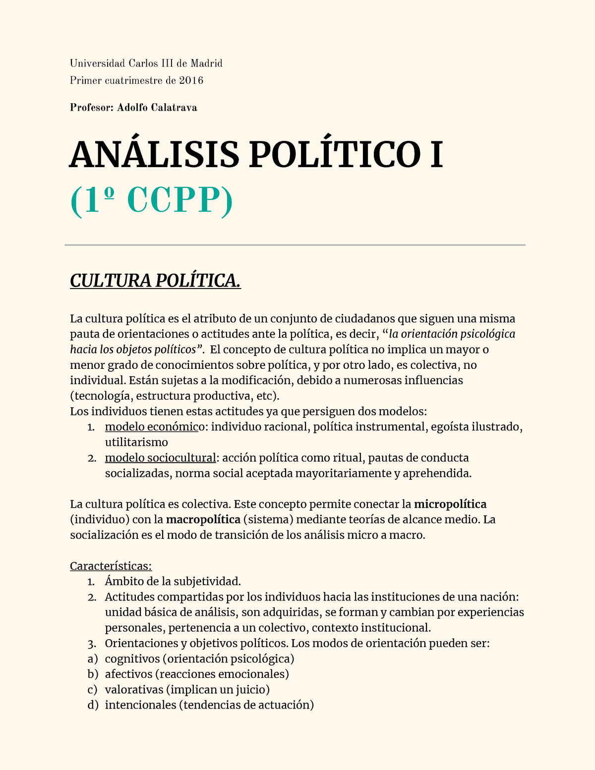 Análisis Político I UC3M - Universidad Carlos III de Madrid Primer  cuatrimestre de 2016 Profesor: - Studocu