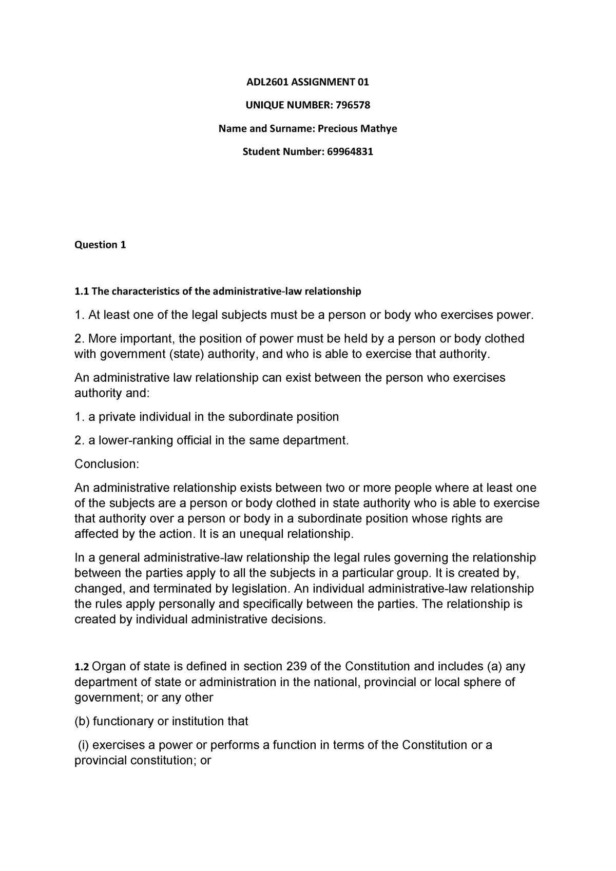 Assignment 1 - notes - ADL2601 ASSIGNMENT 01 UNIQUE NUMBER: 796578 Name ...